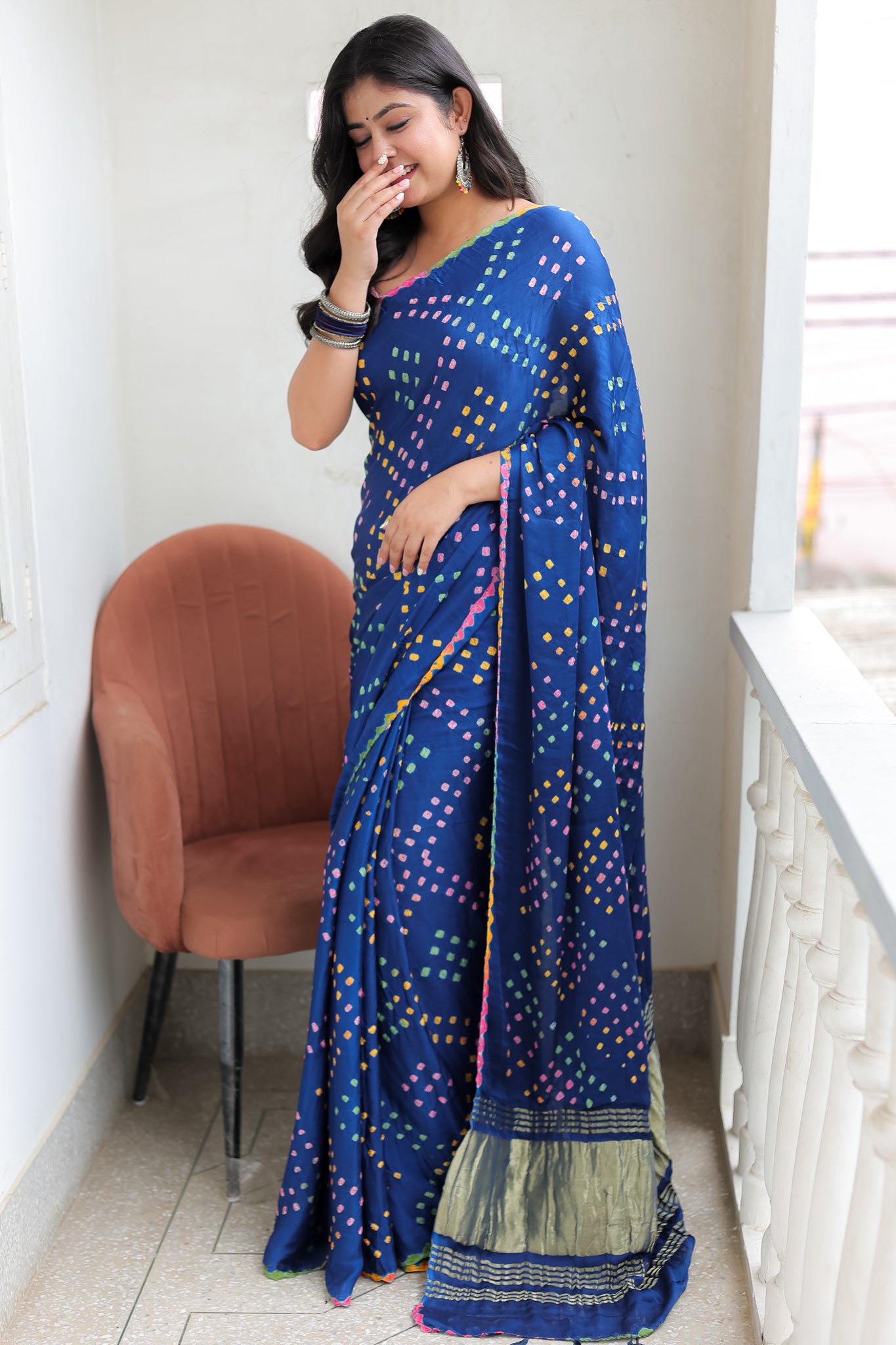Blue Multicoloured Bandhej Modal Saree