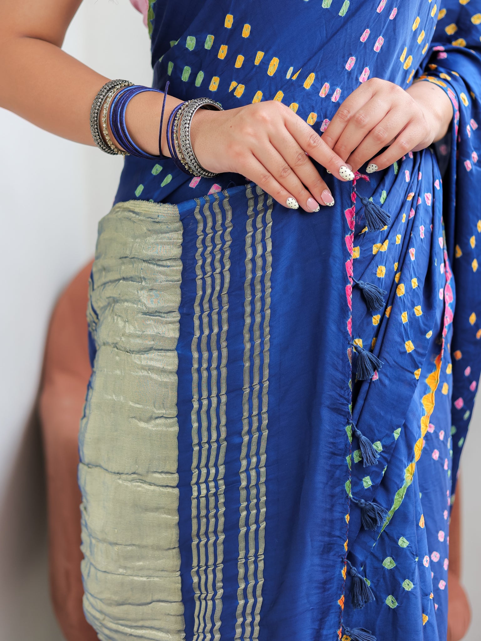 Blue Multicoloured Bandhej Modal Saree