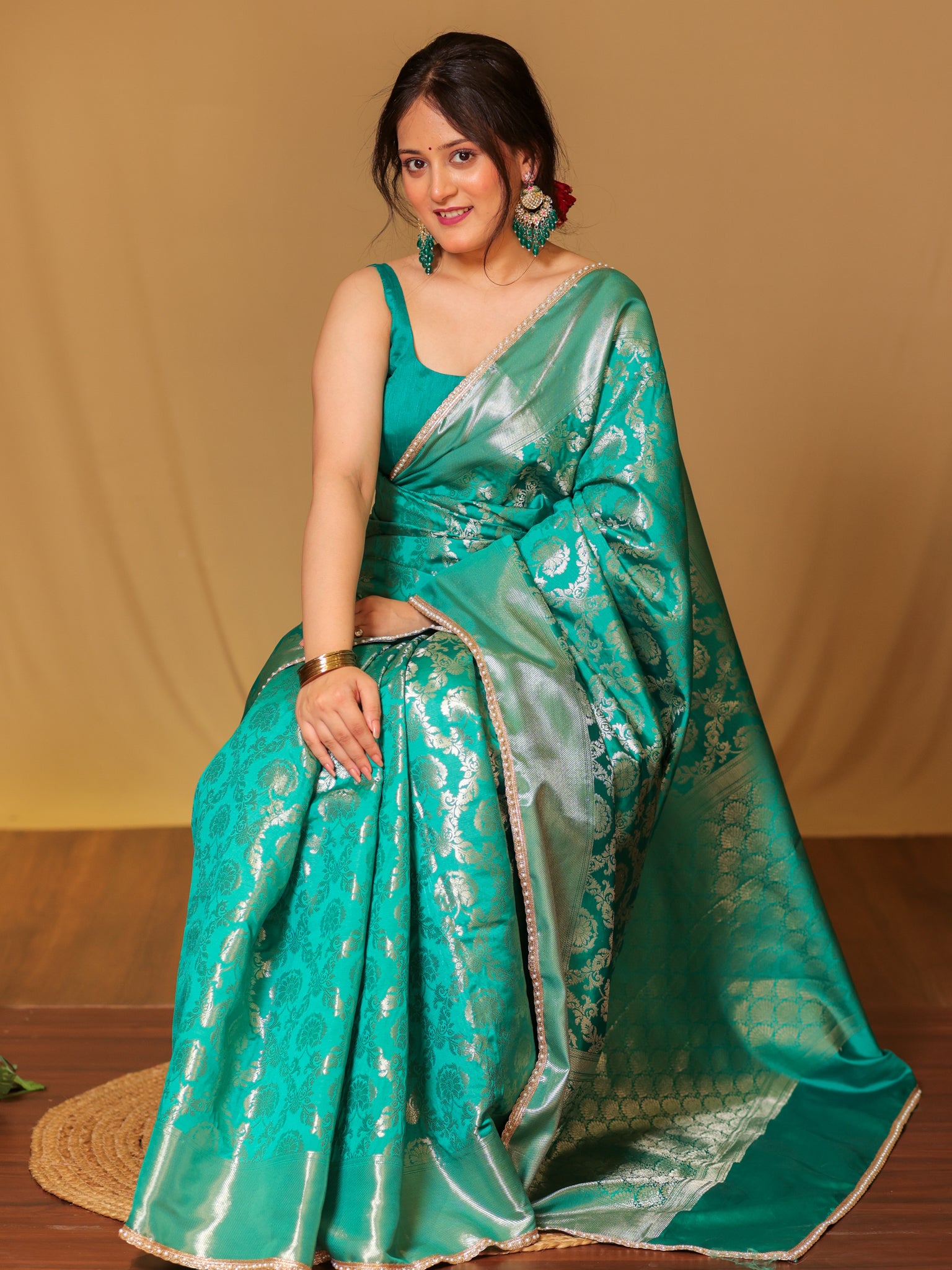 Banarasi Soft Tissue Saree With Floral Zari Weaving & Lace Border -Sea Green
