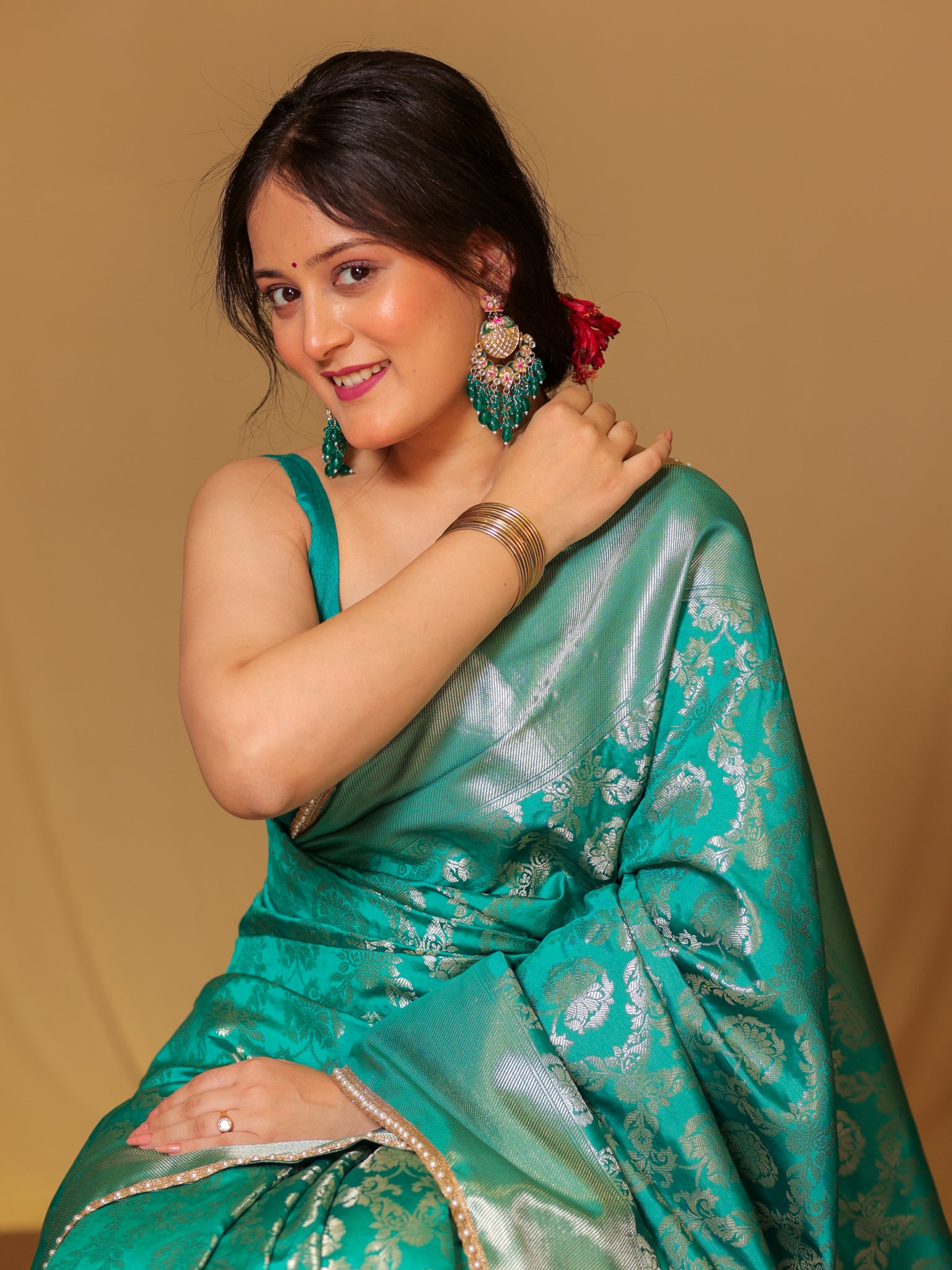 Banarasi Soft Tissue Saree With Floral Zari Weaving & Lace Border -Sea Green