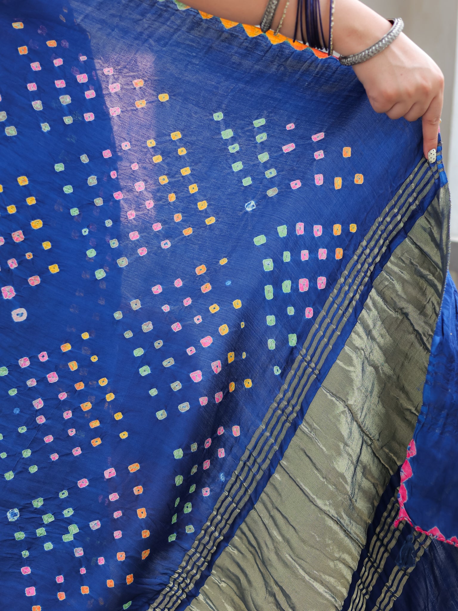 Blue Multicoloured Bandhej Modal Saree