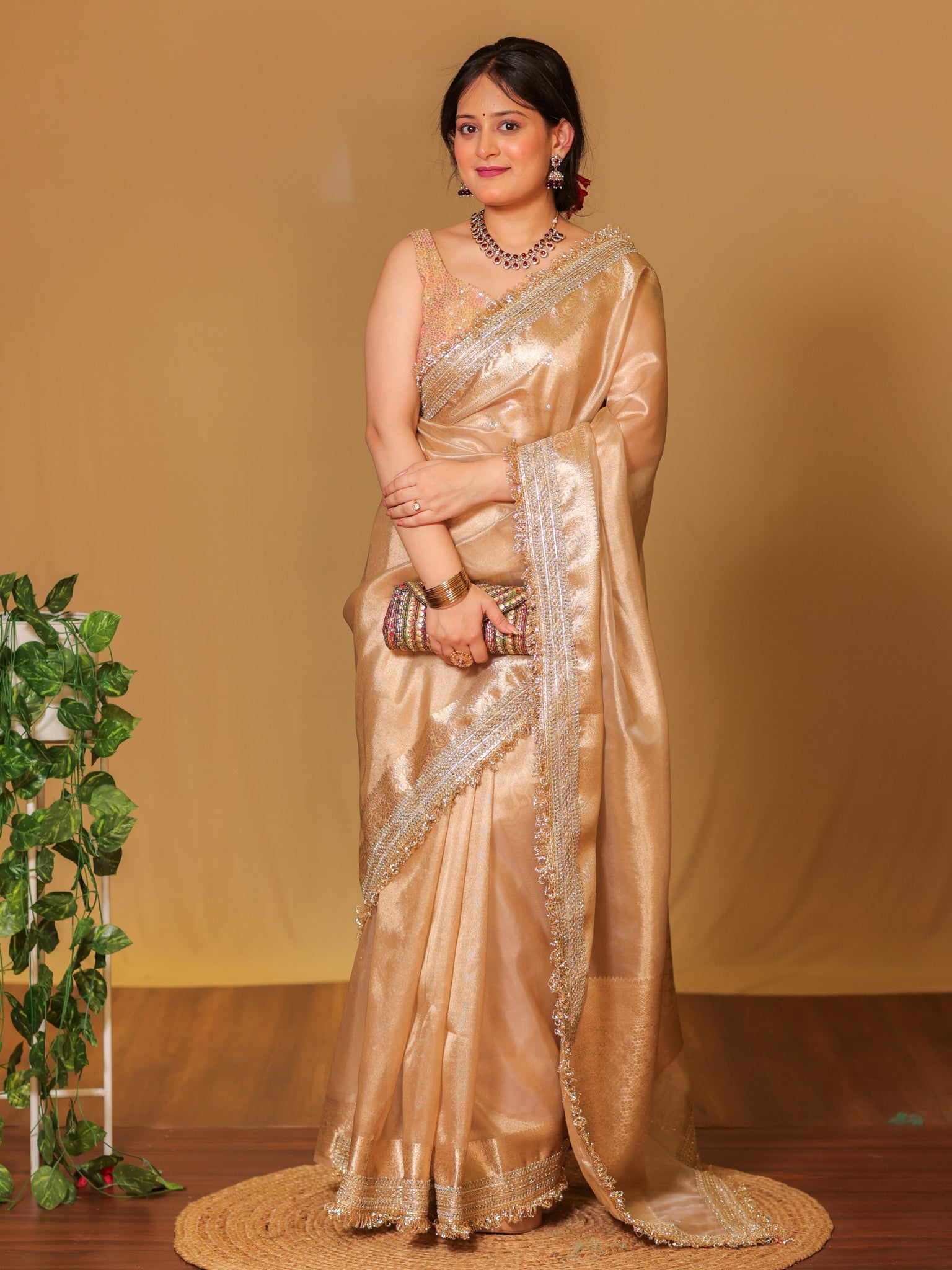 Banarasi Tissue Saree With Zari Weaving & Lace Border - Beige