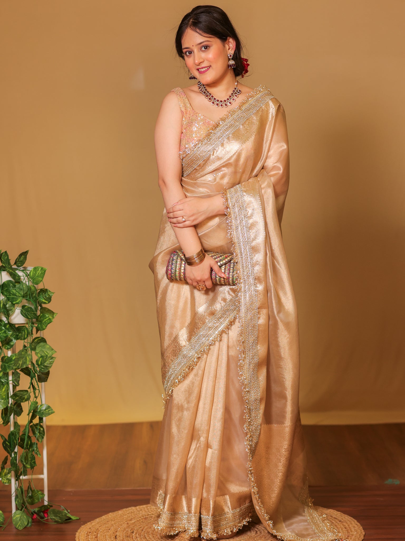 Banarasi Tissue Saree With Zari Weaving & Lace Border - Beige