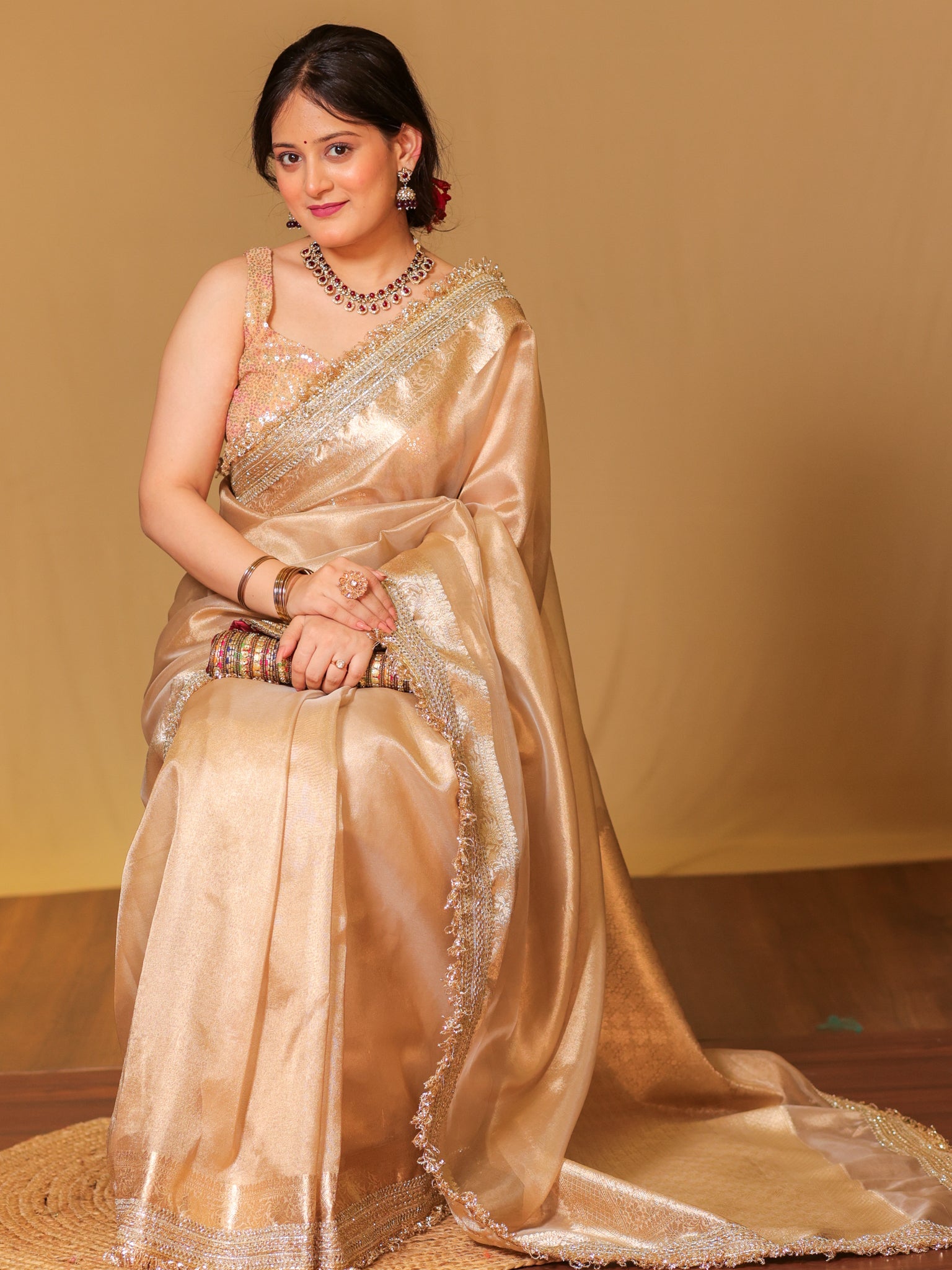 Banarasi Tissue Saree With Zari Weaving & Lace Border - Beige