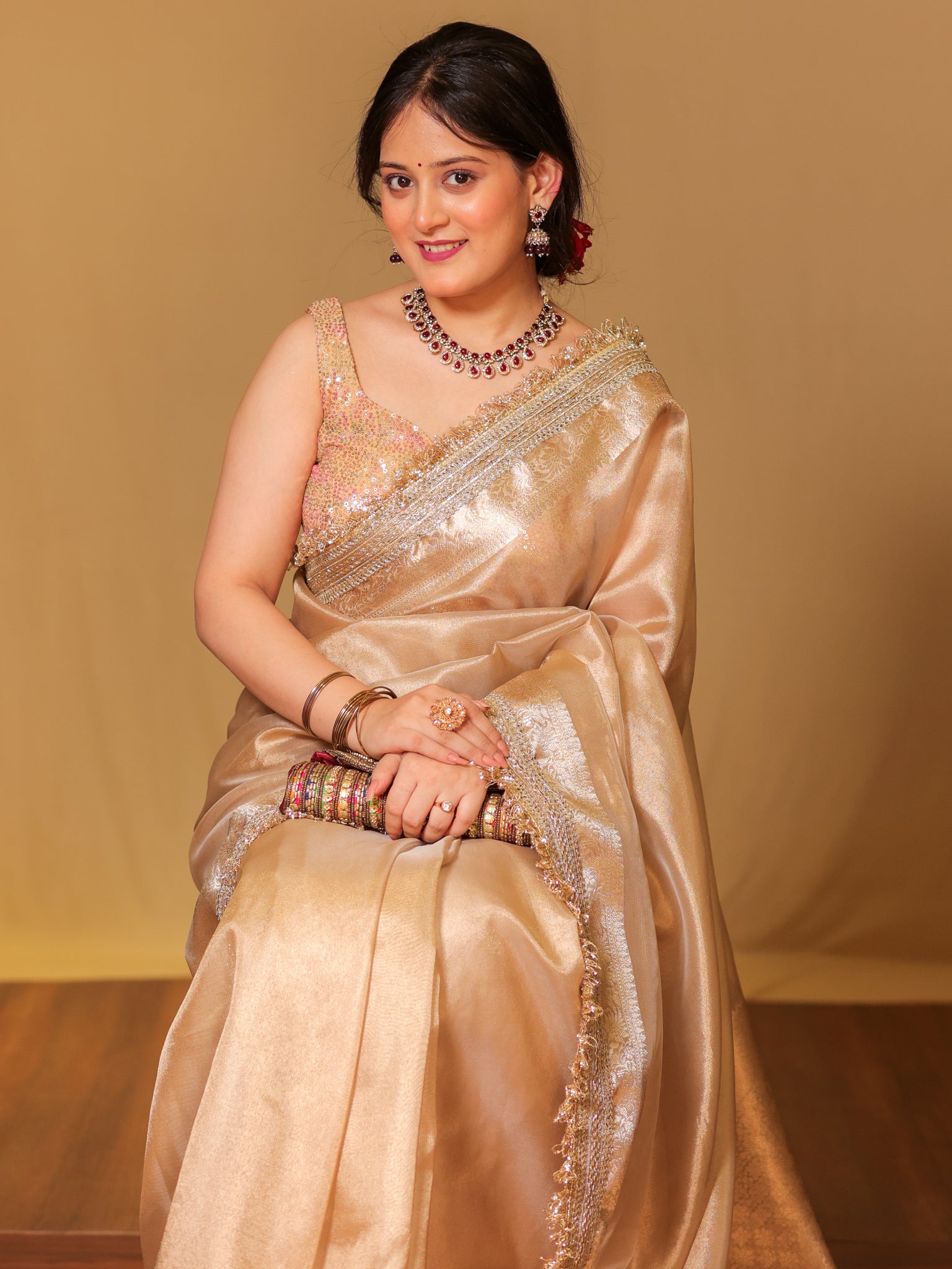 Banarasi Tissue Saree With Zari Weaving & Lace Border - Beige