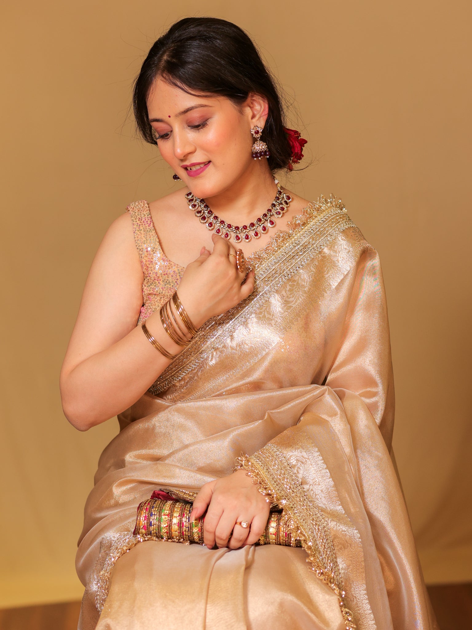 Banarasi Tissue Saree With Zari Weaving & Lace Border - Beige