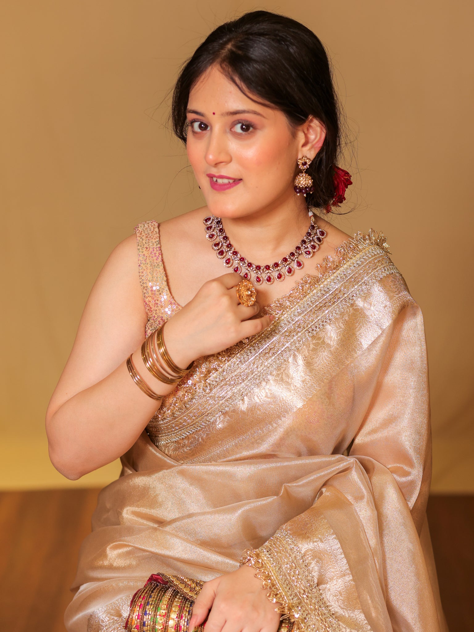 Banarasi Tissue Saree With Zari Weaving & Lace Border - Beige