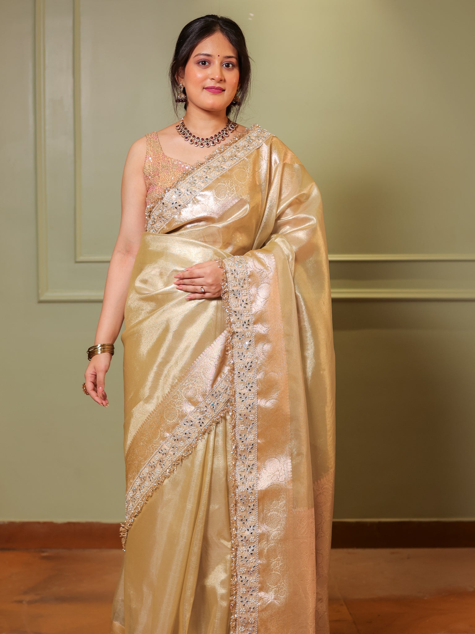 Banarasi Tissue Saree With Zari Weaving & Mirror Work Lace Border - Beige