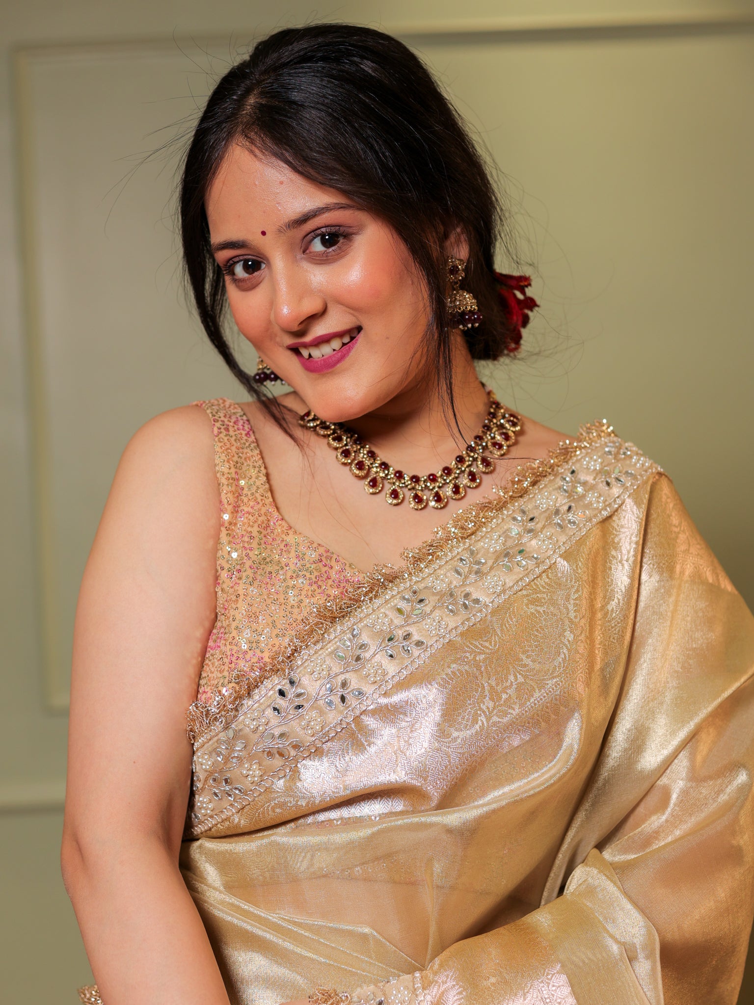 Banarasi Tissue Saree With Zari Weaving & Mirror Work Lace Border - Beige