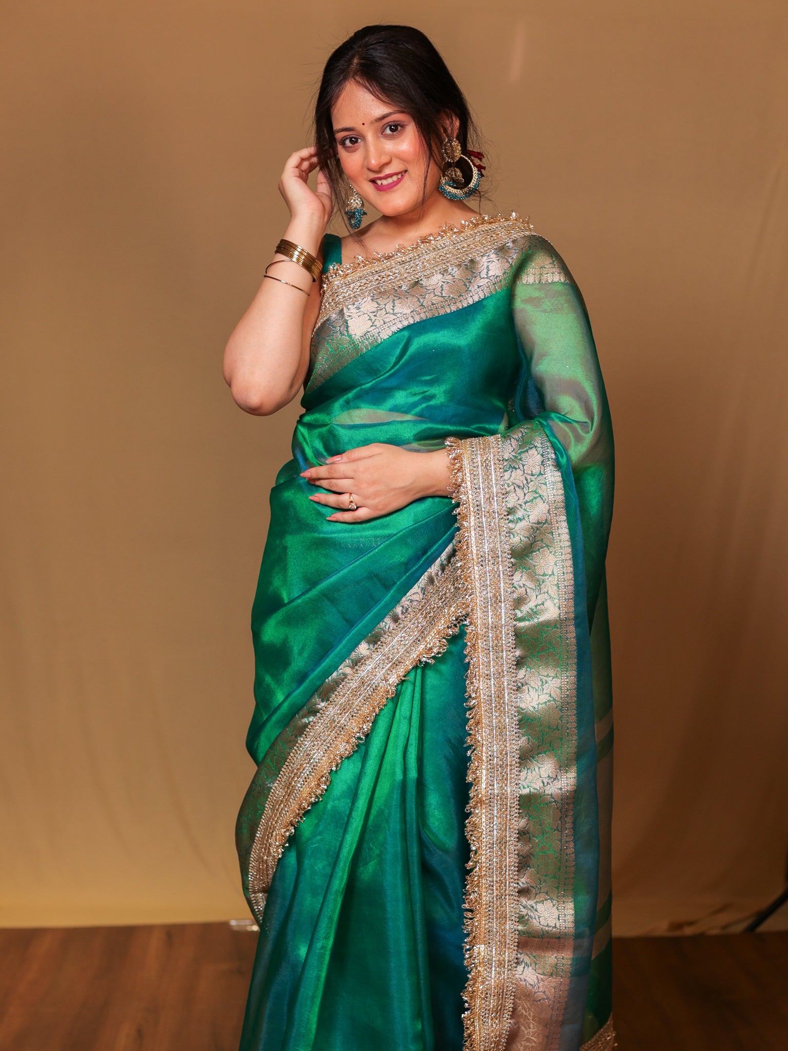 Banarasi Tissue Saree With Zari Weaving & Lace Border - Green
