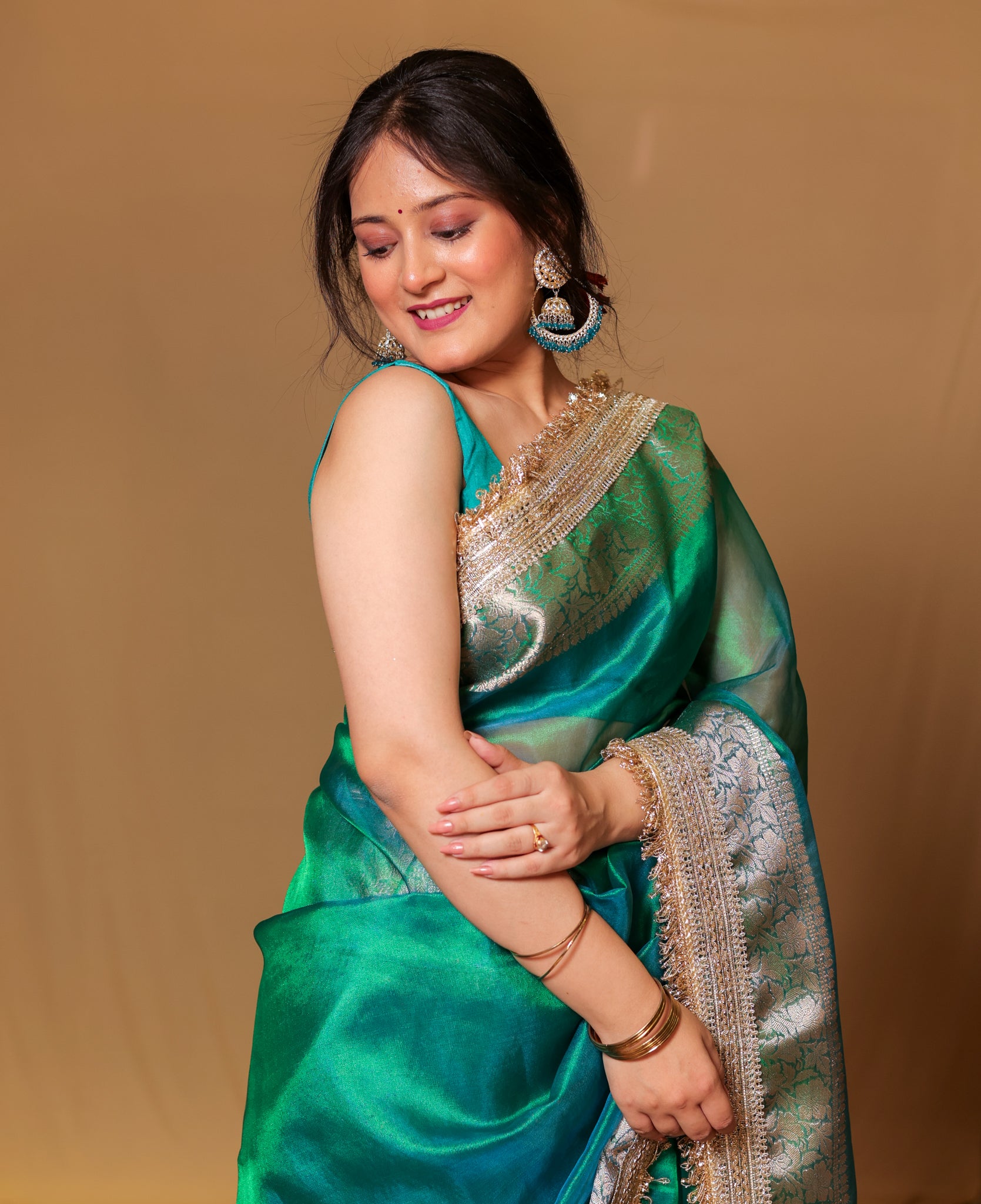 Banarasi Tissue Saree With Zari Weaving & Lace Border - Green