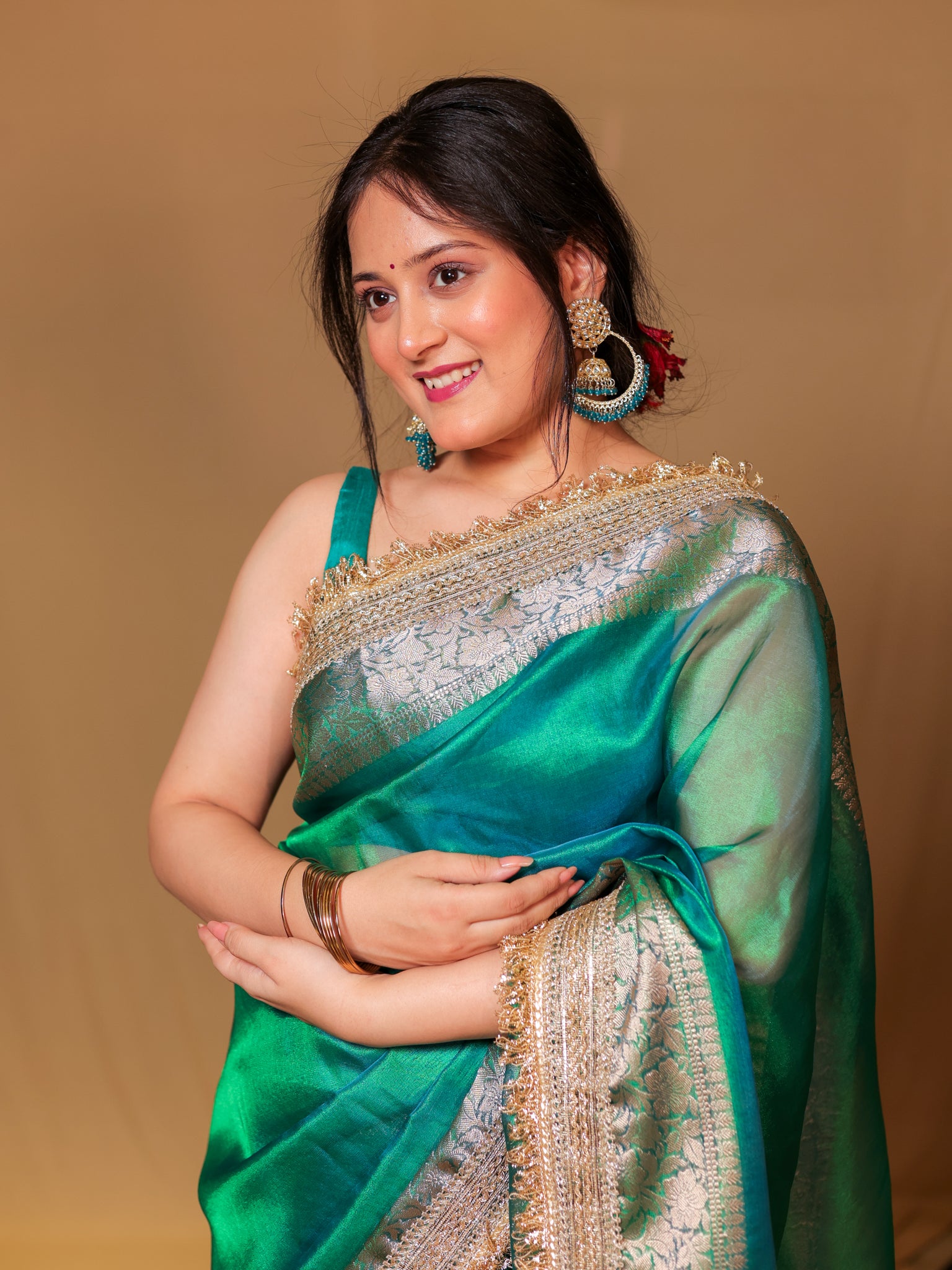 Banarasi Tissue Saree With Zari Weaving & Lace Border - Green