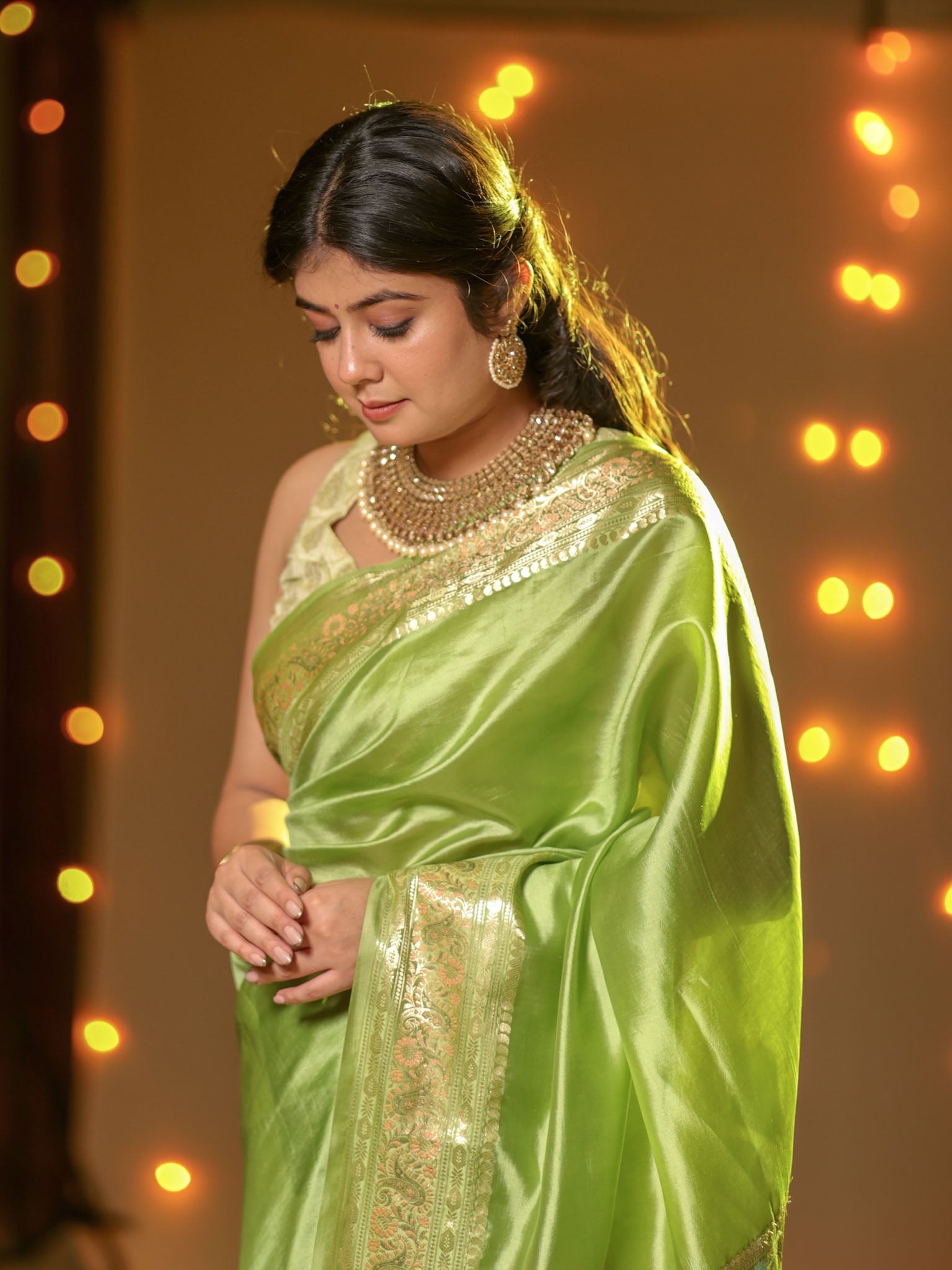 Banarasi Plain Silk Saree With Weaving- Green