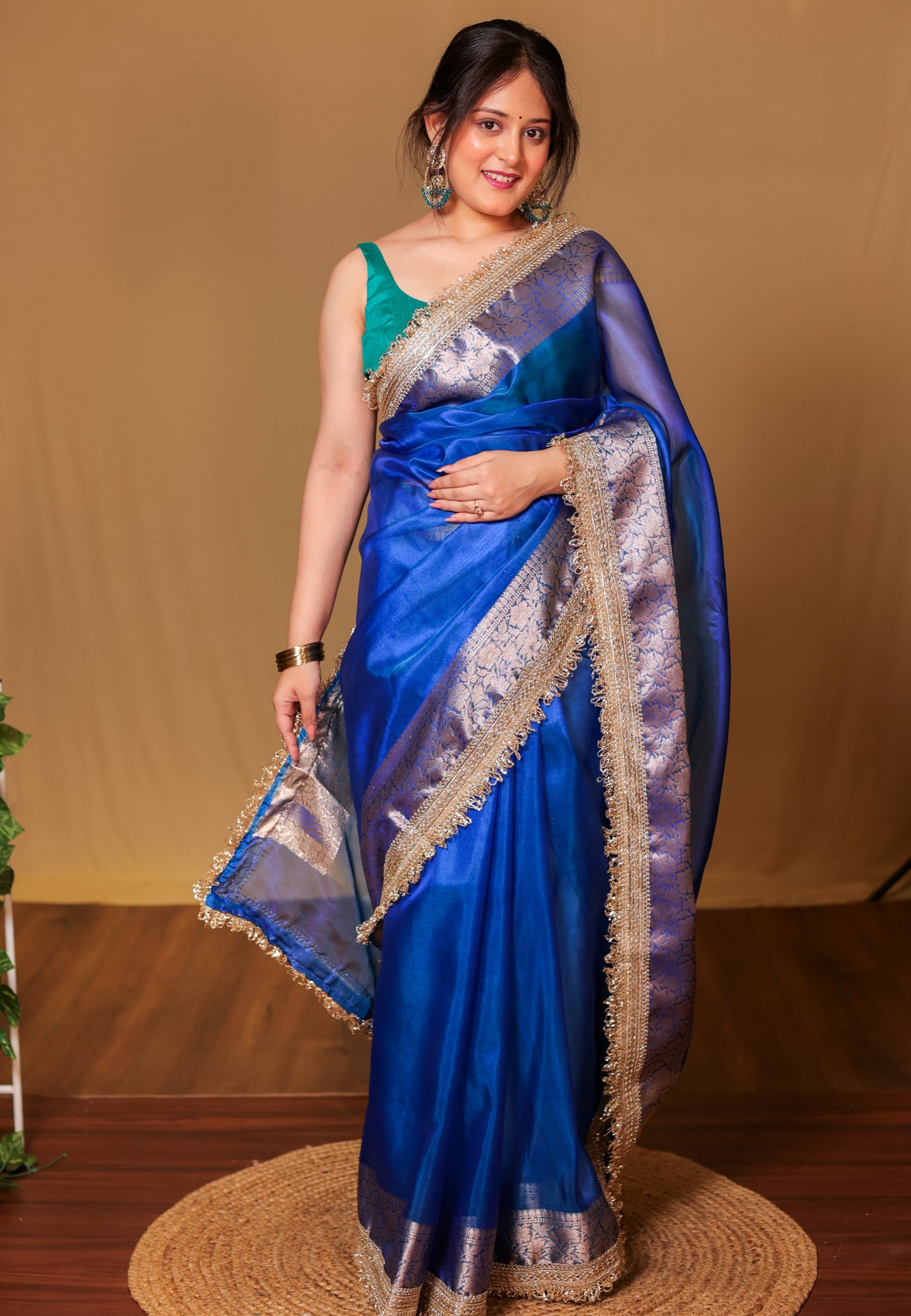 Banarasi Tissue Saree With Zari Weaving & Lace Border - Blue