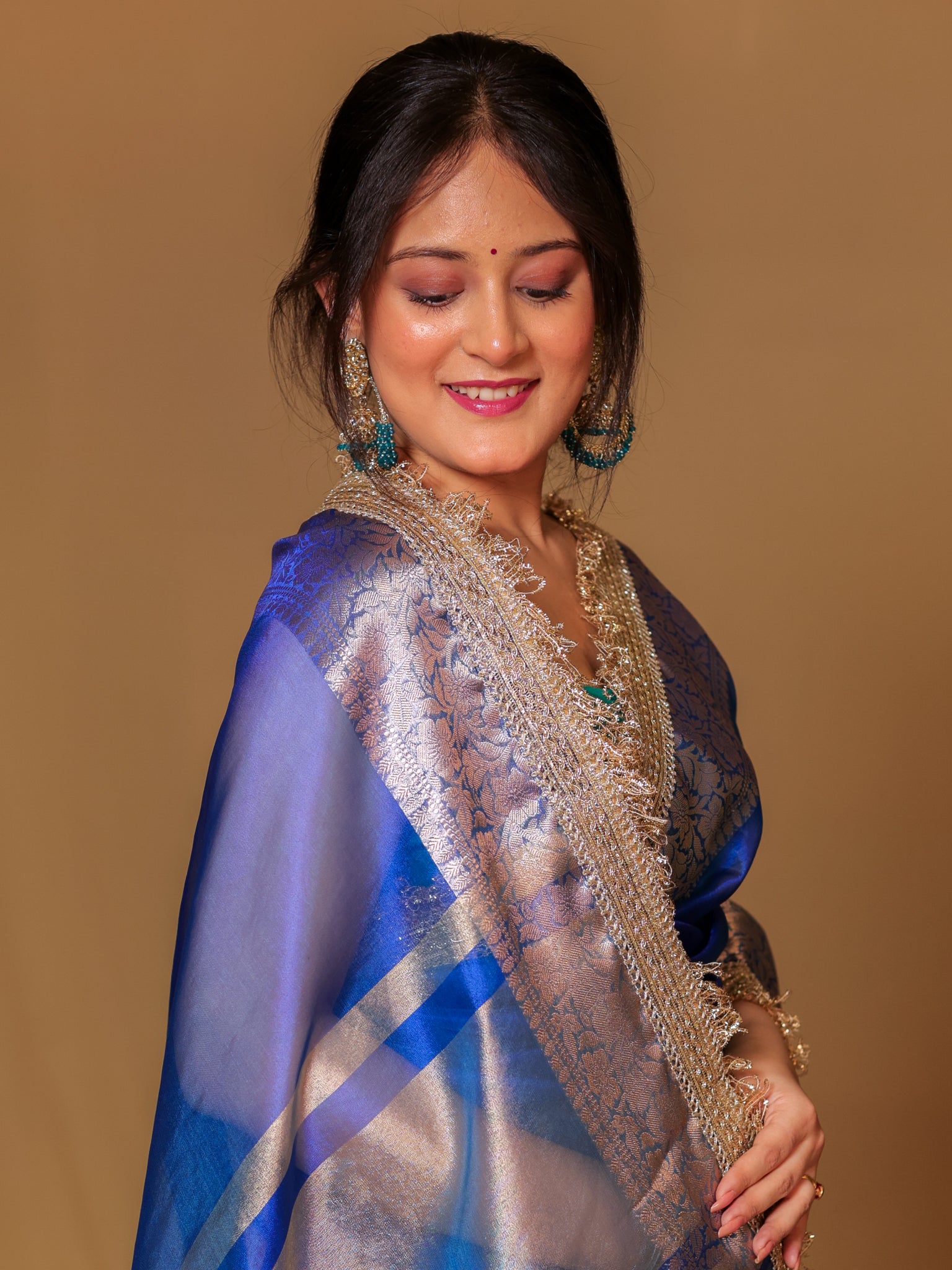 Banarasi Tissue Saree With Zari Weaving & Lace Border - Blue
