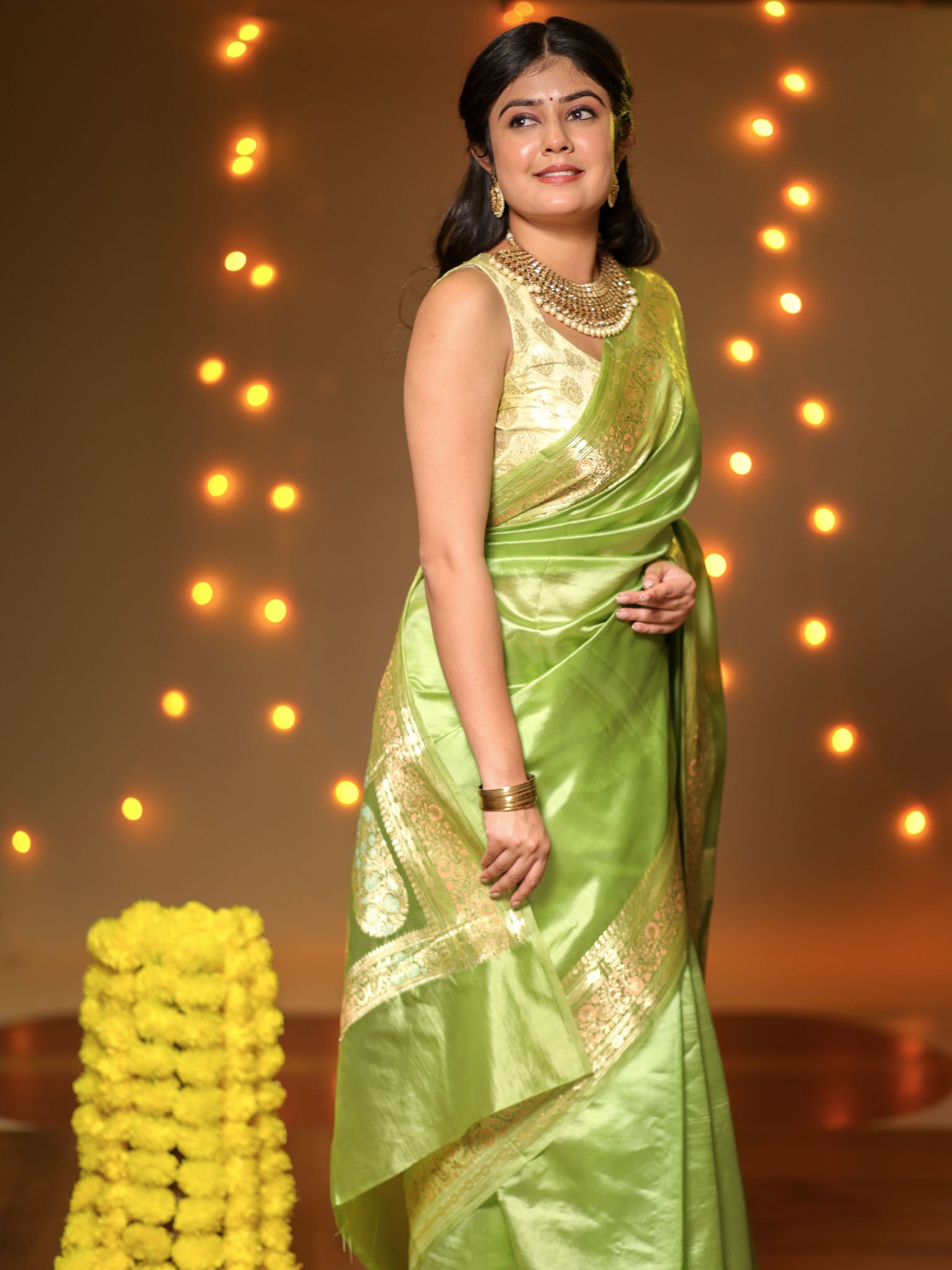 Banarasi Plain Silk Saree With Weaving- Green