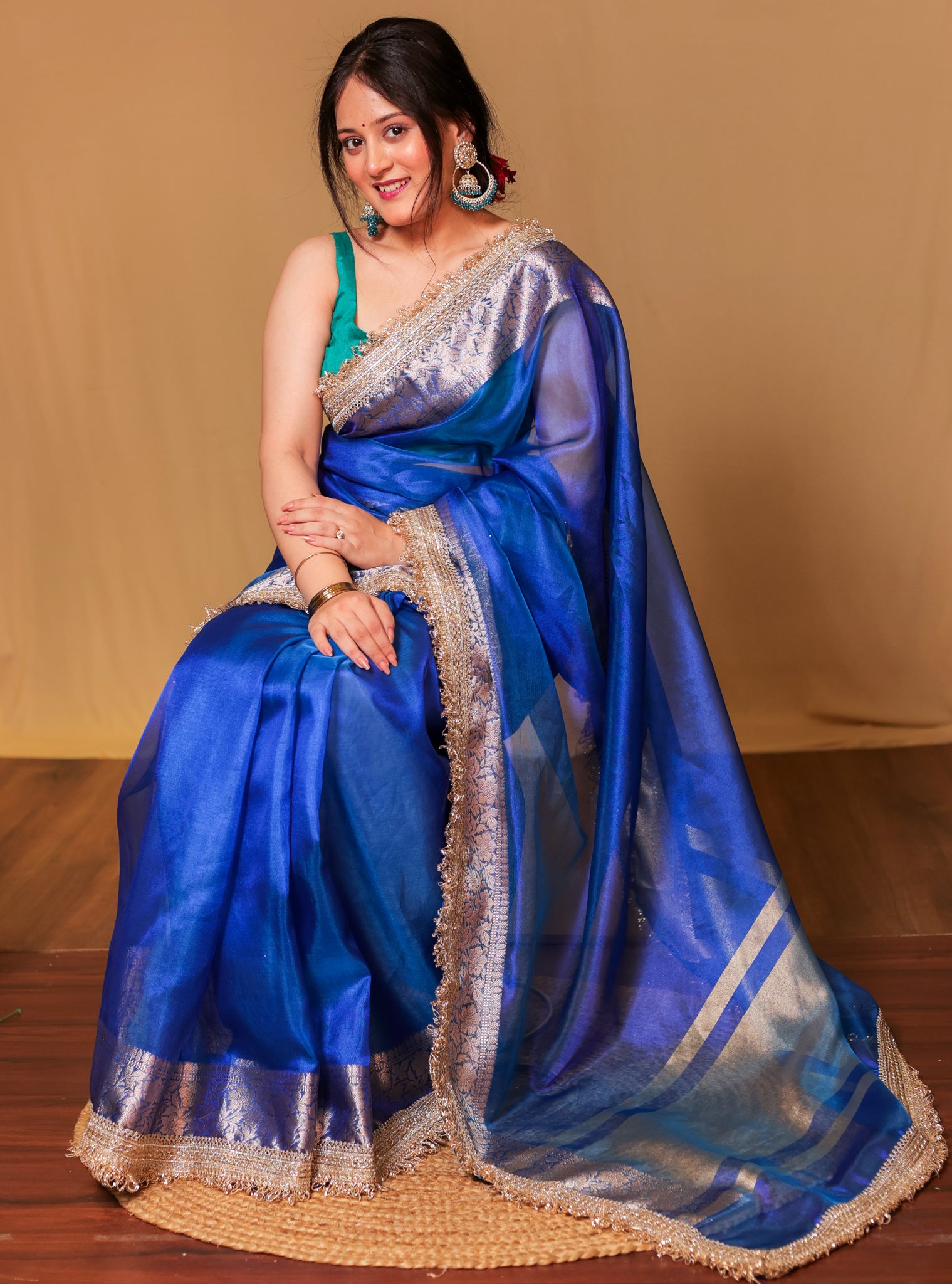 Banarasi Tissue Saree With Zari Weaving & Lace Border - Blue