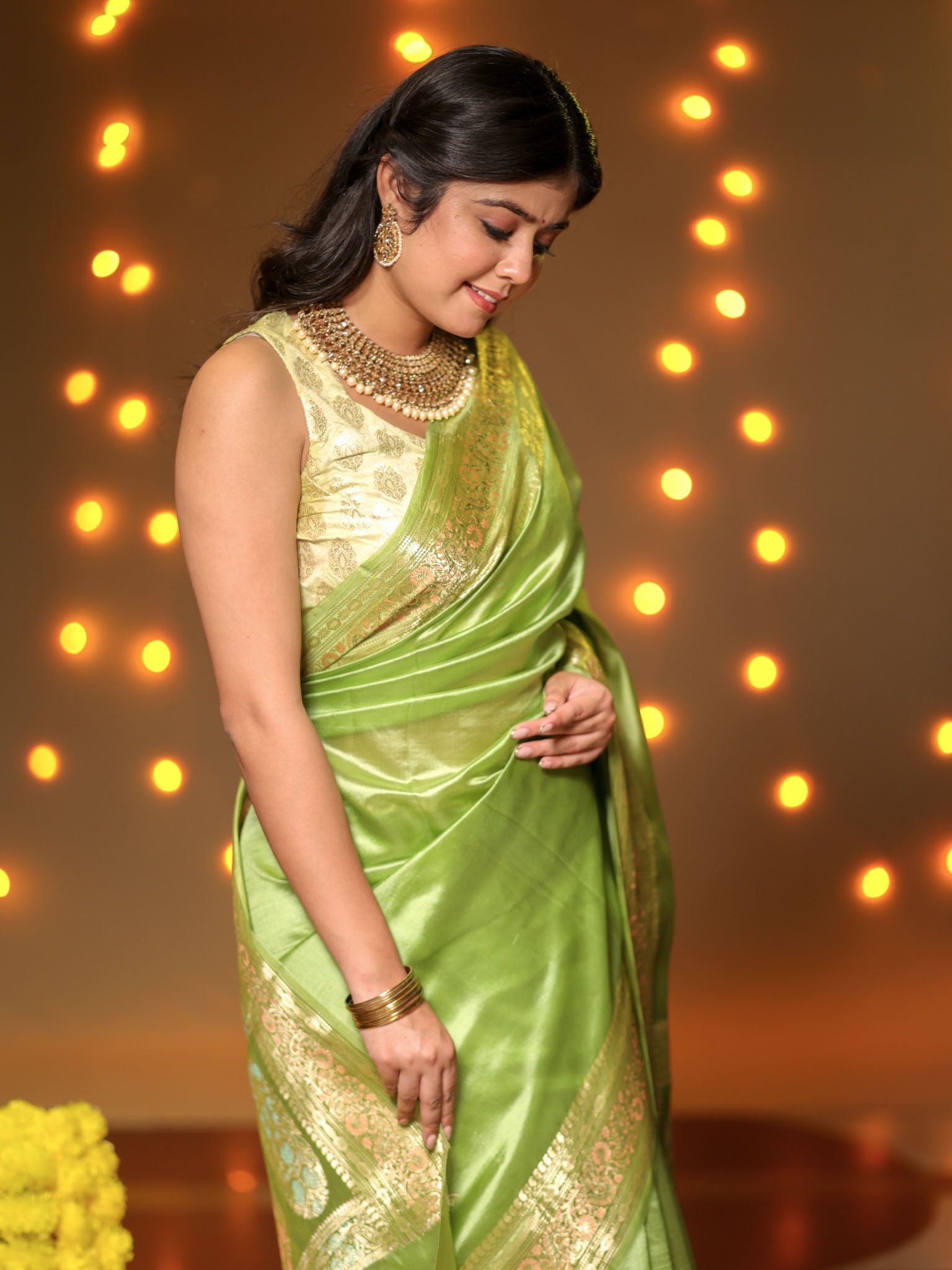 Banarasi Plain Silk Saree With Weaving- Green
