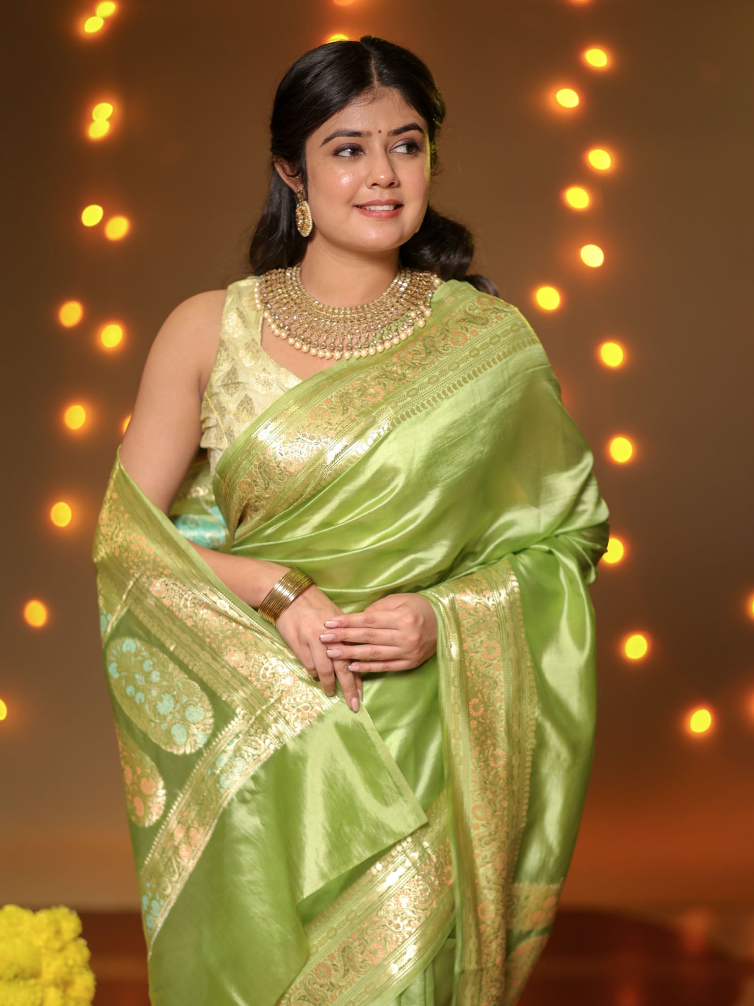 Banarasi Plain Silk Saree With Weaving- Green