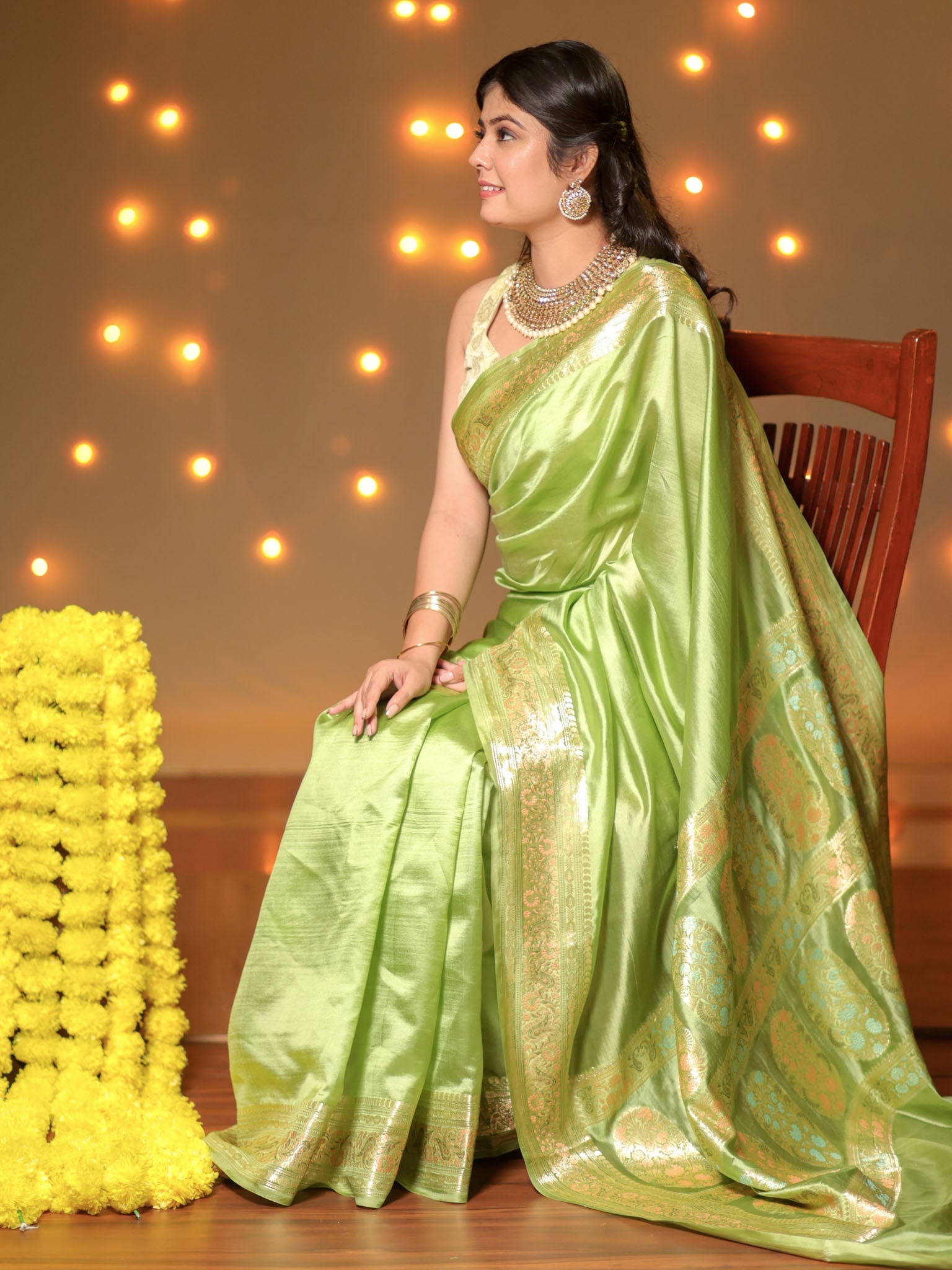 Banarasi Plain Silk Saree With Weaving- Green