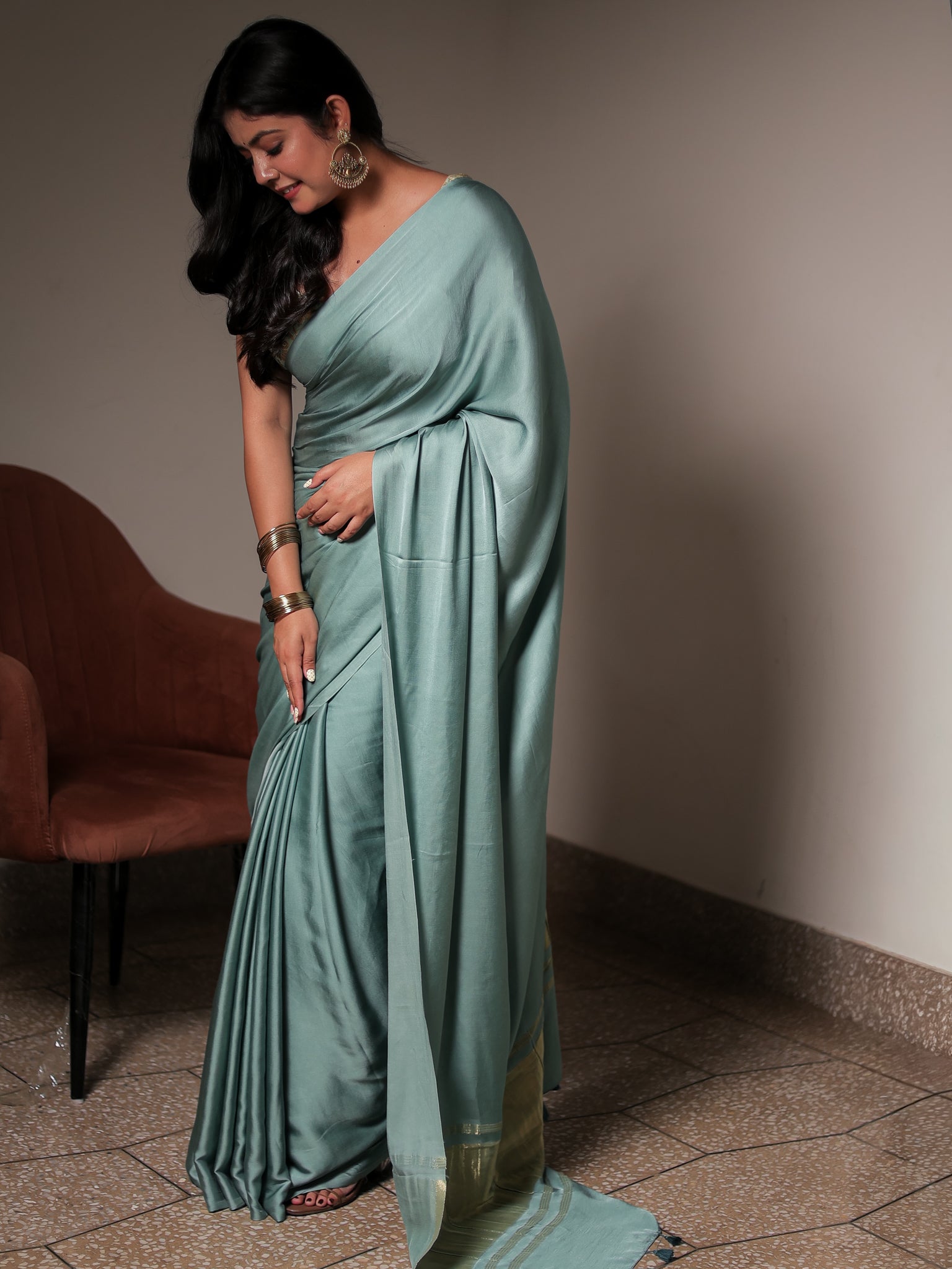Pastel Blue Plain Modal Lagdi Patta Saree