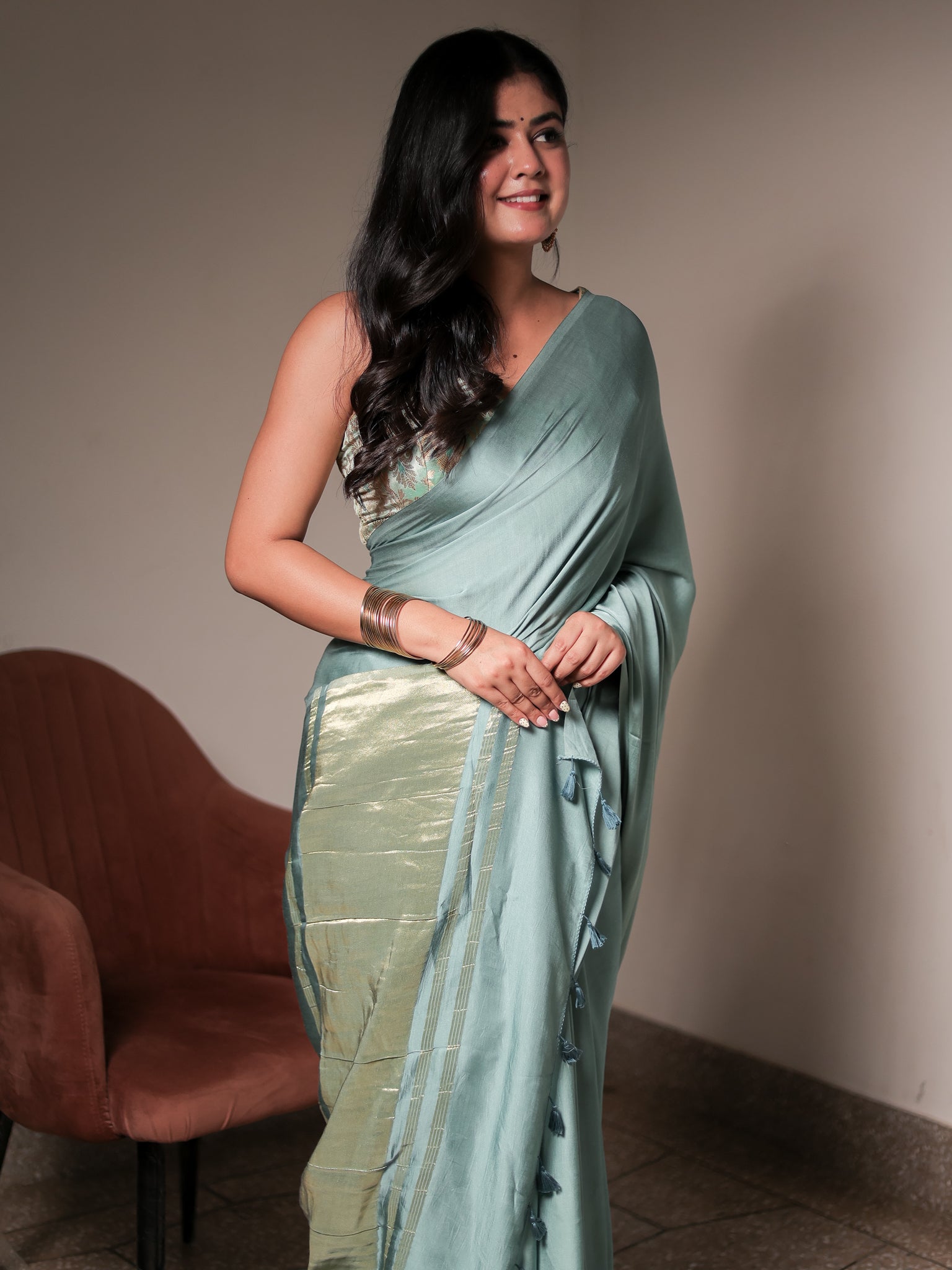Pastel Blue Plain Modal Lagdi Patta Saree