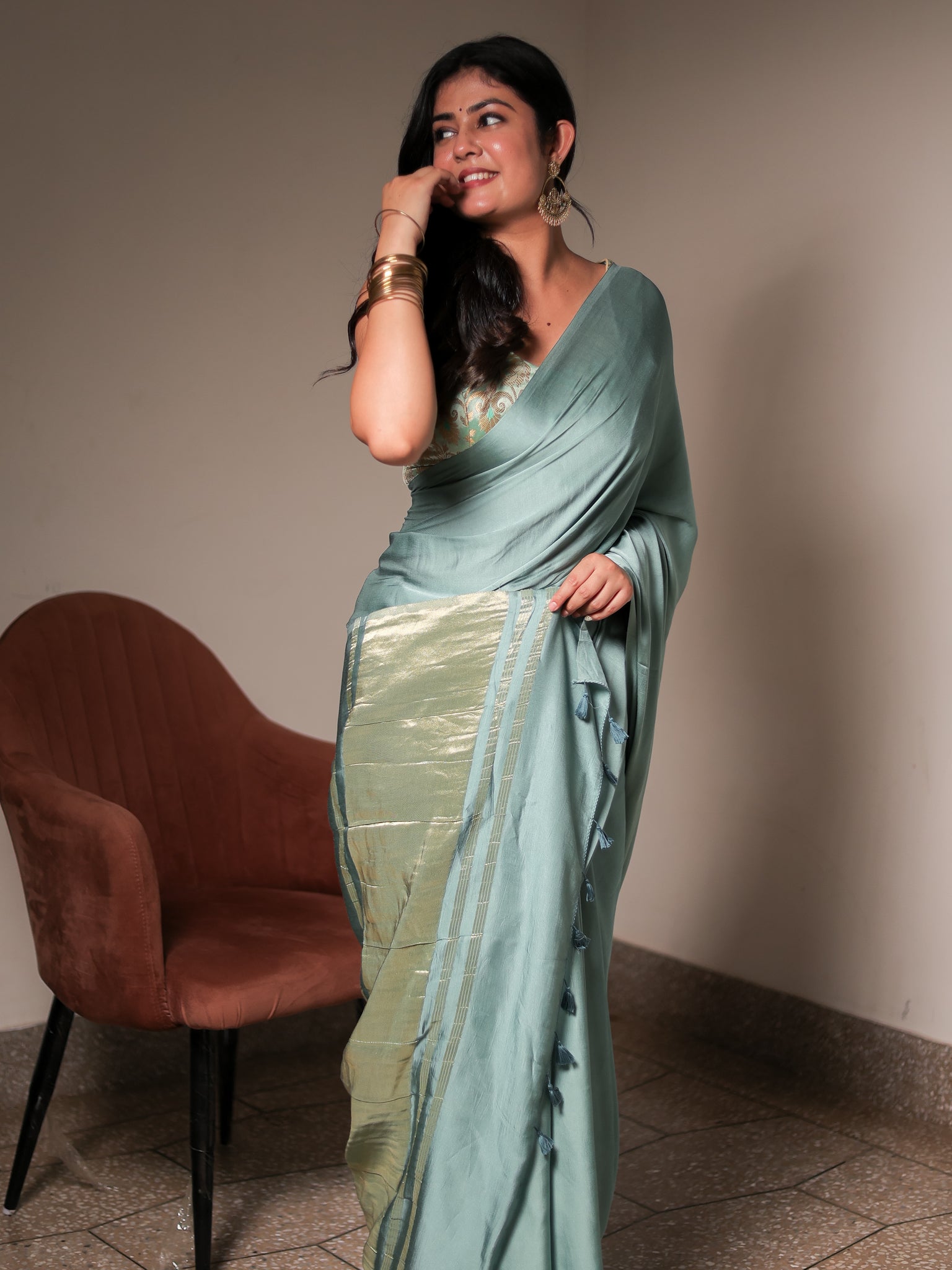 Pastel Blue Plain Modal Lagdi Patta Saree
