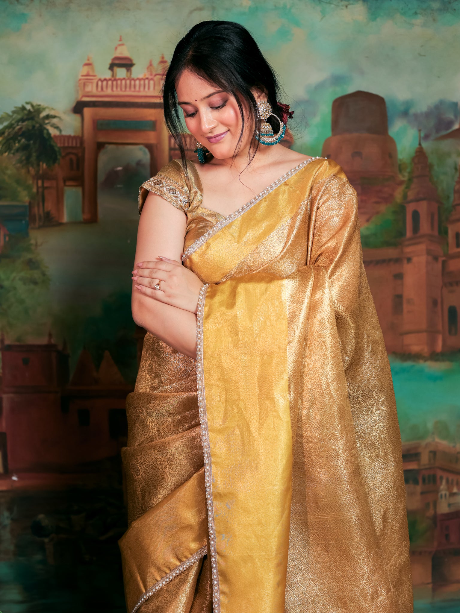 Banarasi Soft Tissue Saree With Floral Zari Weaving & Lace Border - Gold
