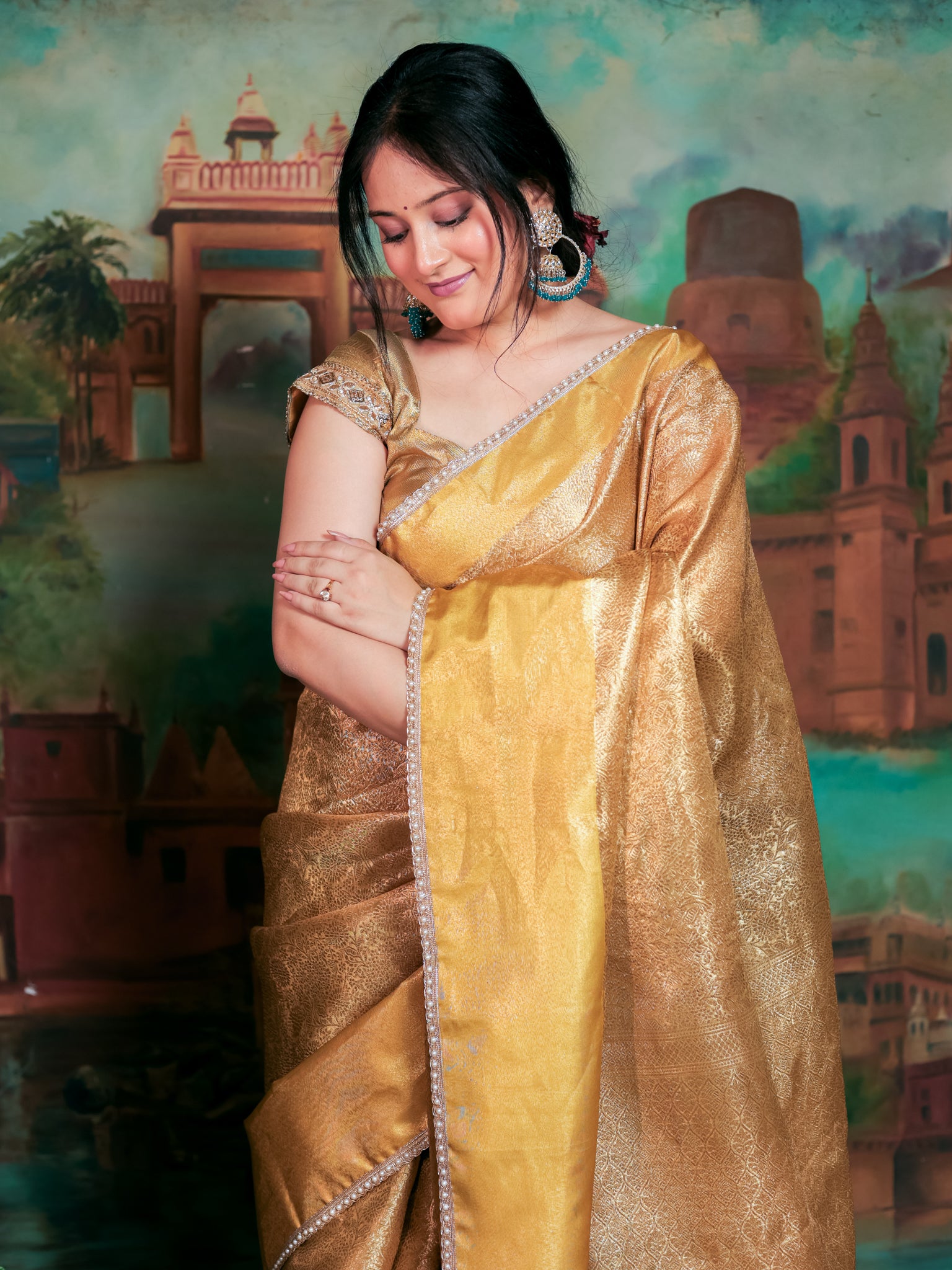 Banarasi Soft Tissue Saree With Floral Zari Weaving & Lace Border - Gold