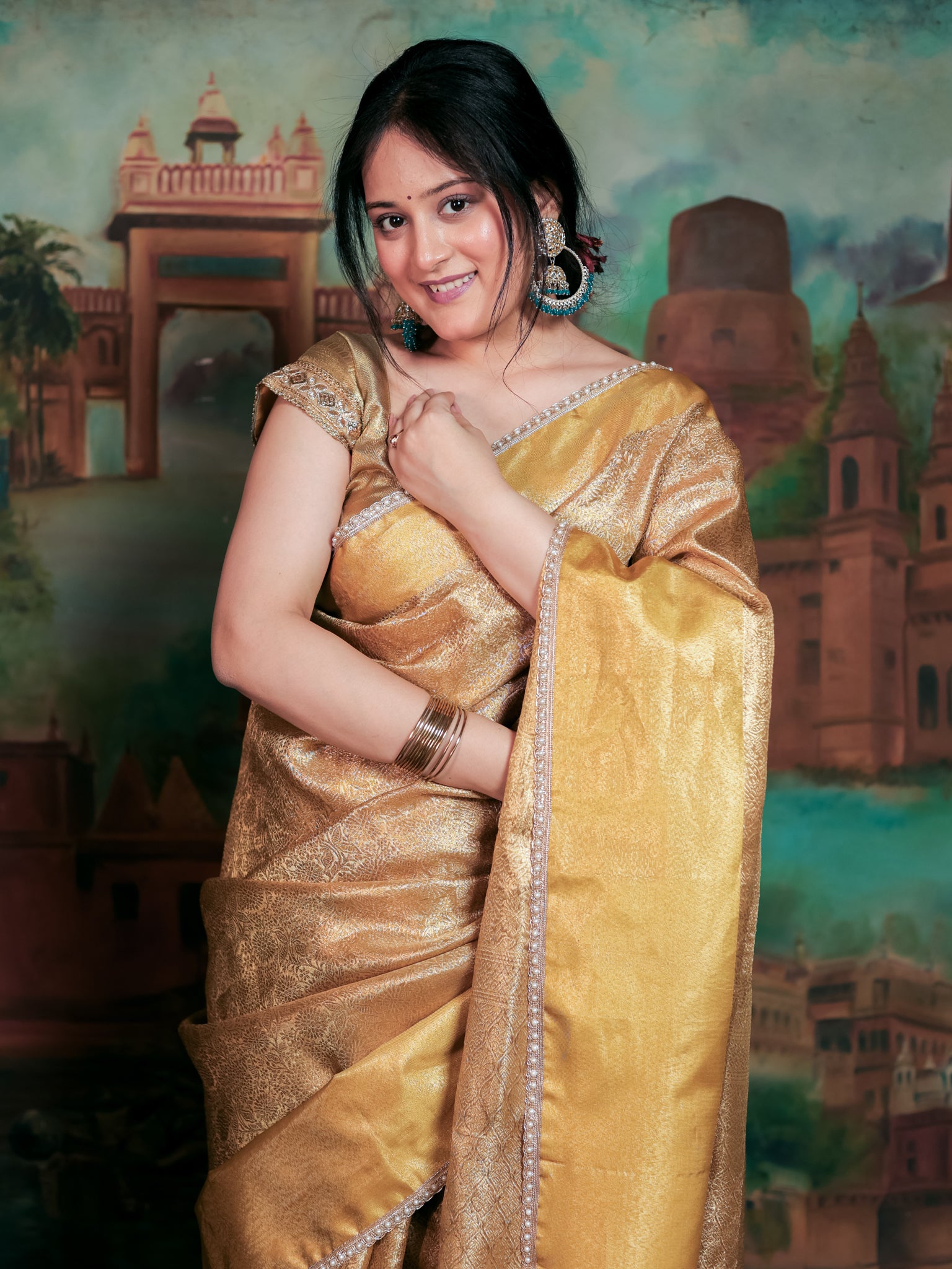 Banarasi Soft Tissue Saree With Floral Zari Weaving & Lace Border - Gold
