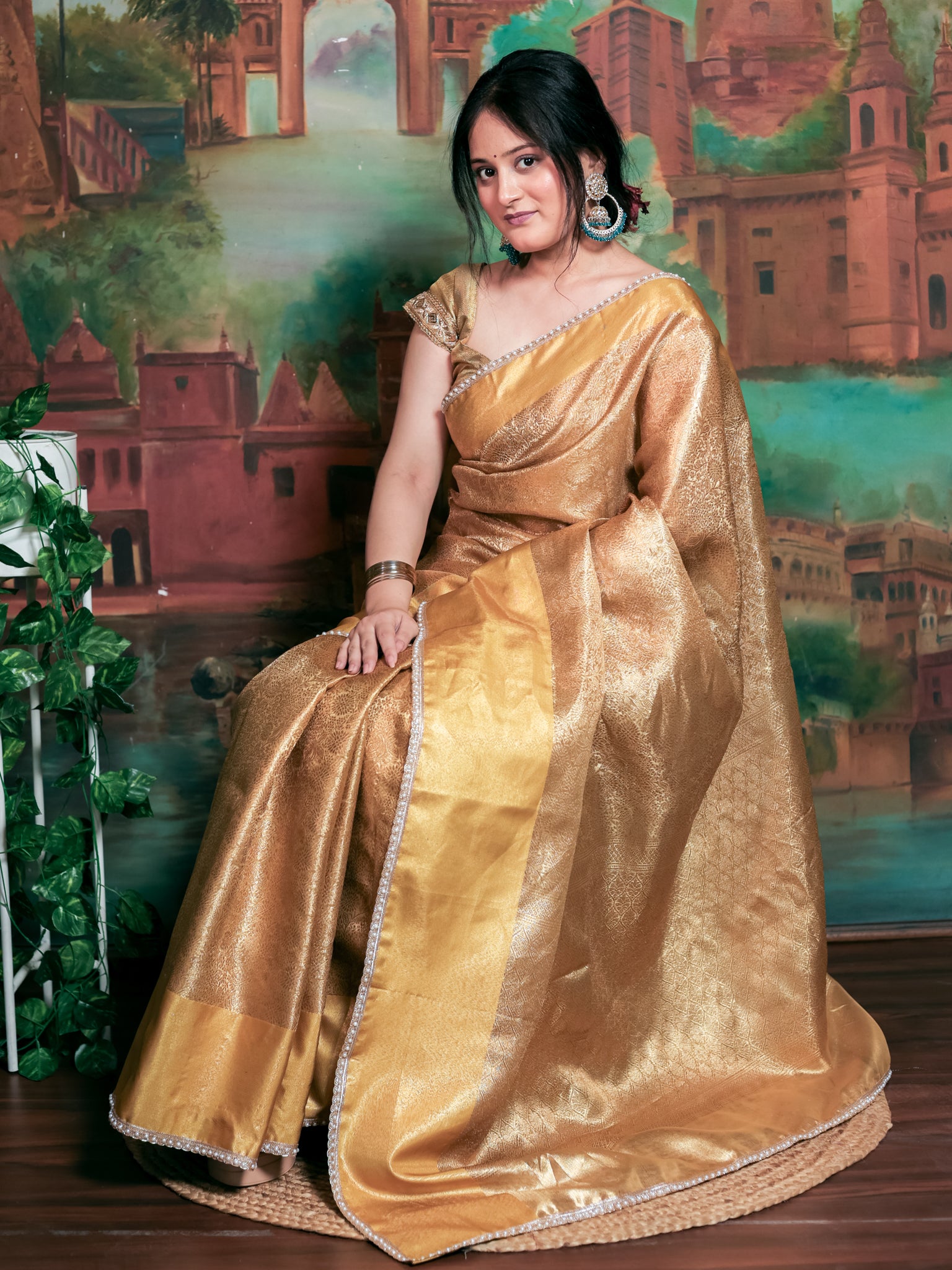 Banarasi Soft Tissue Saree With Floral Zari Weaving & Lace Border - Gold