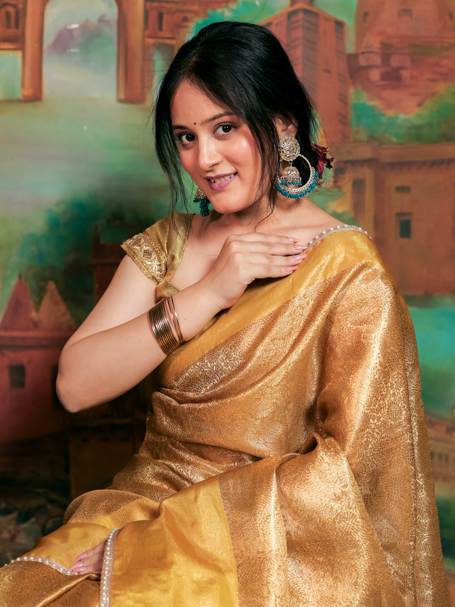 Banarasi Soft Tissue Saree With Floral Zari Weaving & Lace Border - Gold