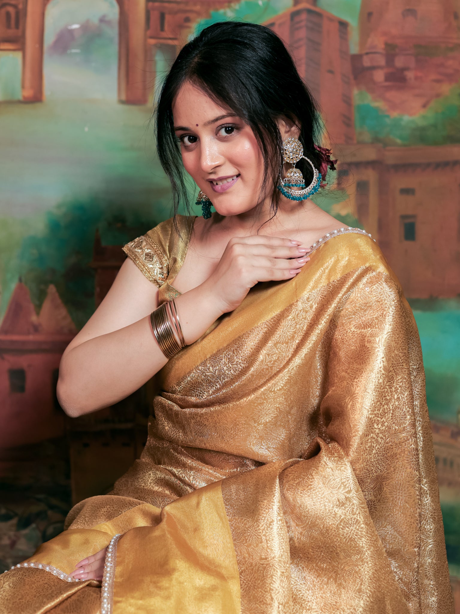 Banarasi Soft Tissue Saree With Floral Zari Weaving & Lace Border - Gold