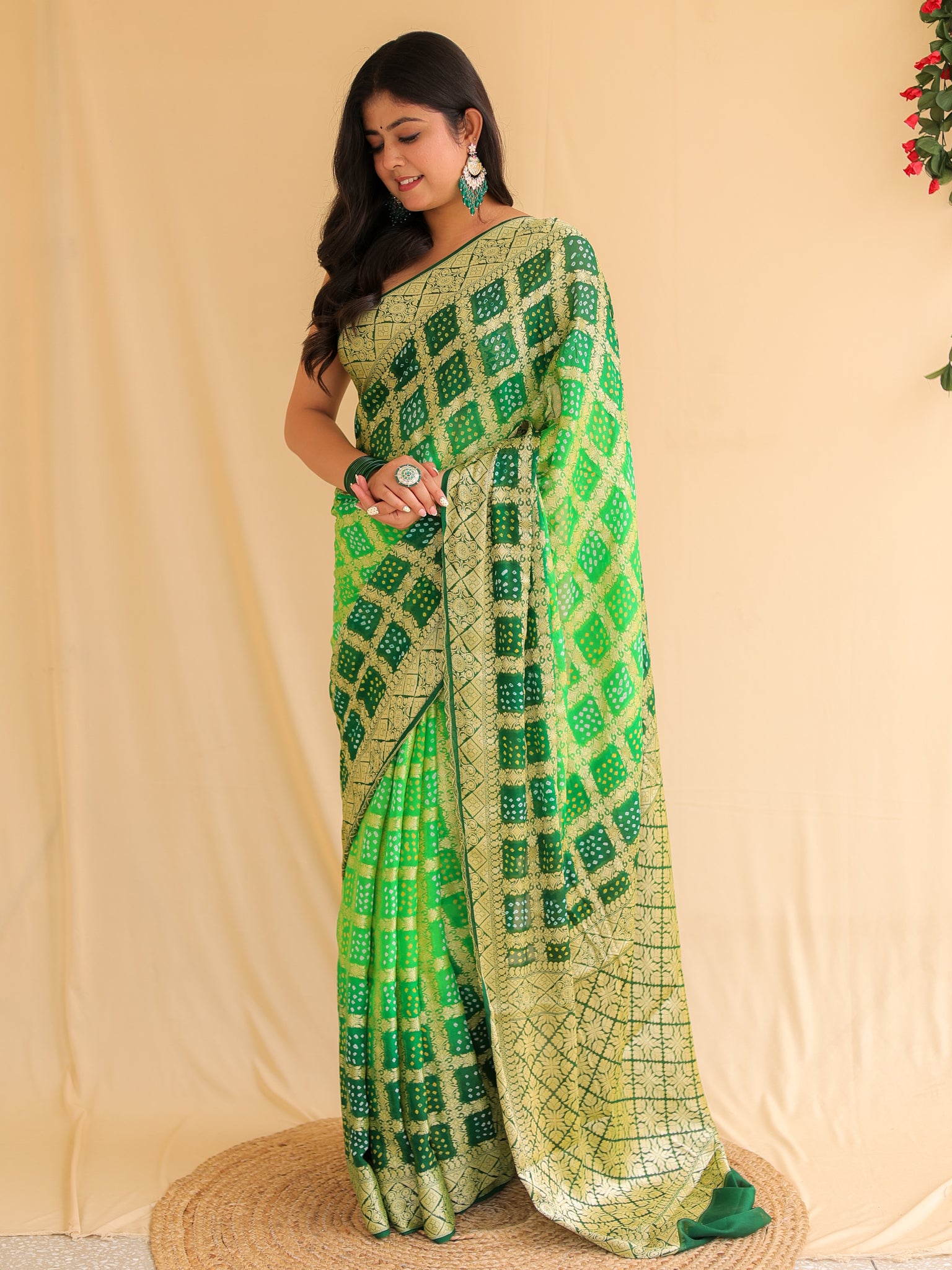 Green Pure Banarasi Georgette Bandhej Saree with Zari Jaal Weaving