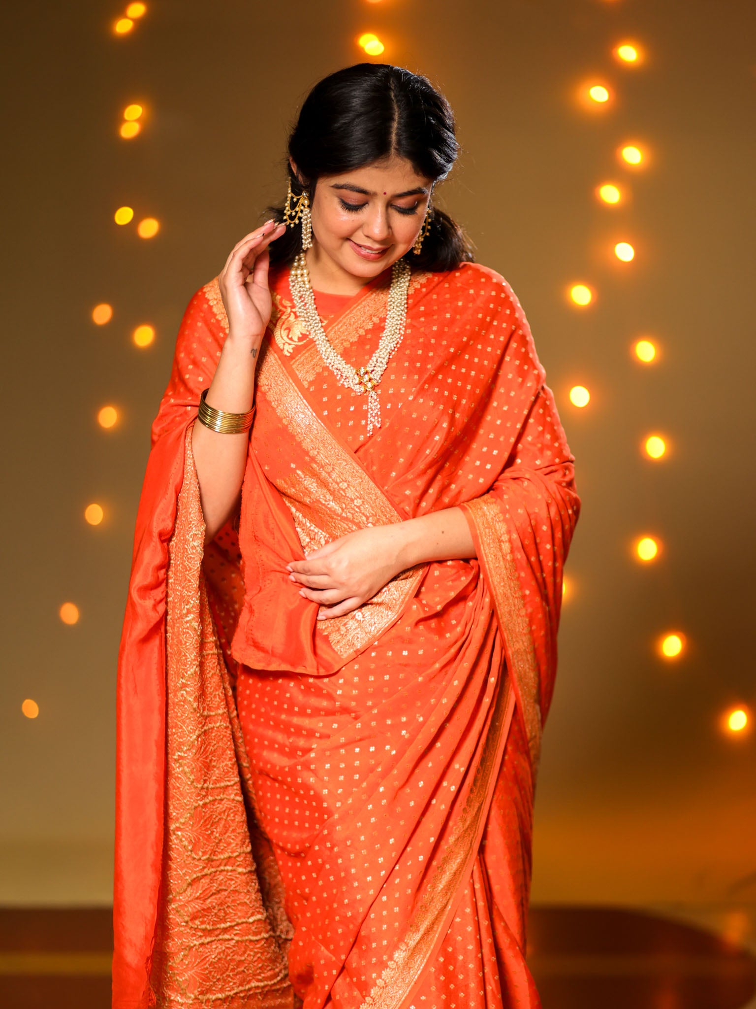 Banarasi Pure Khaddi Georgette Saree With Antique Zari Buti  Weaving- Orange