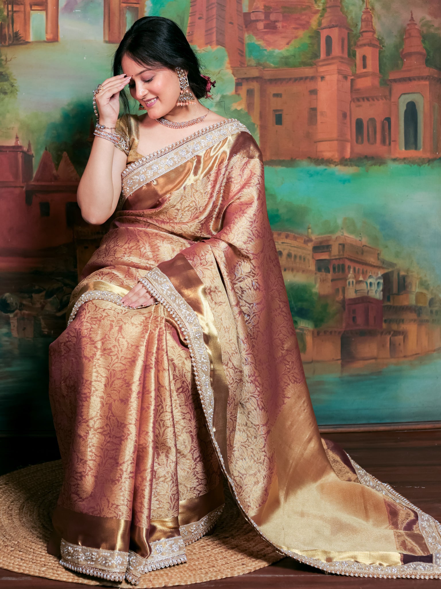 Banarasi Tissue Saree With Floral Zari Weaving & Lace Border - Peach