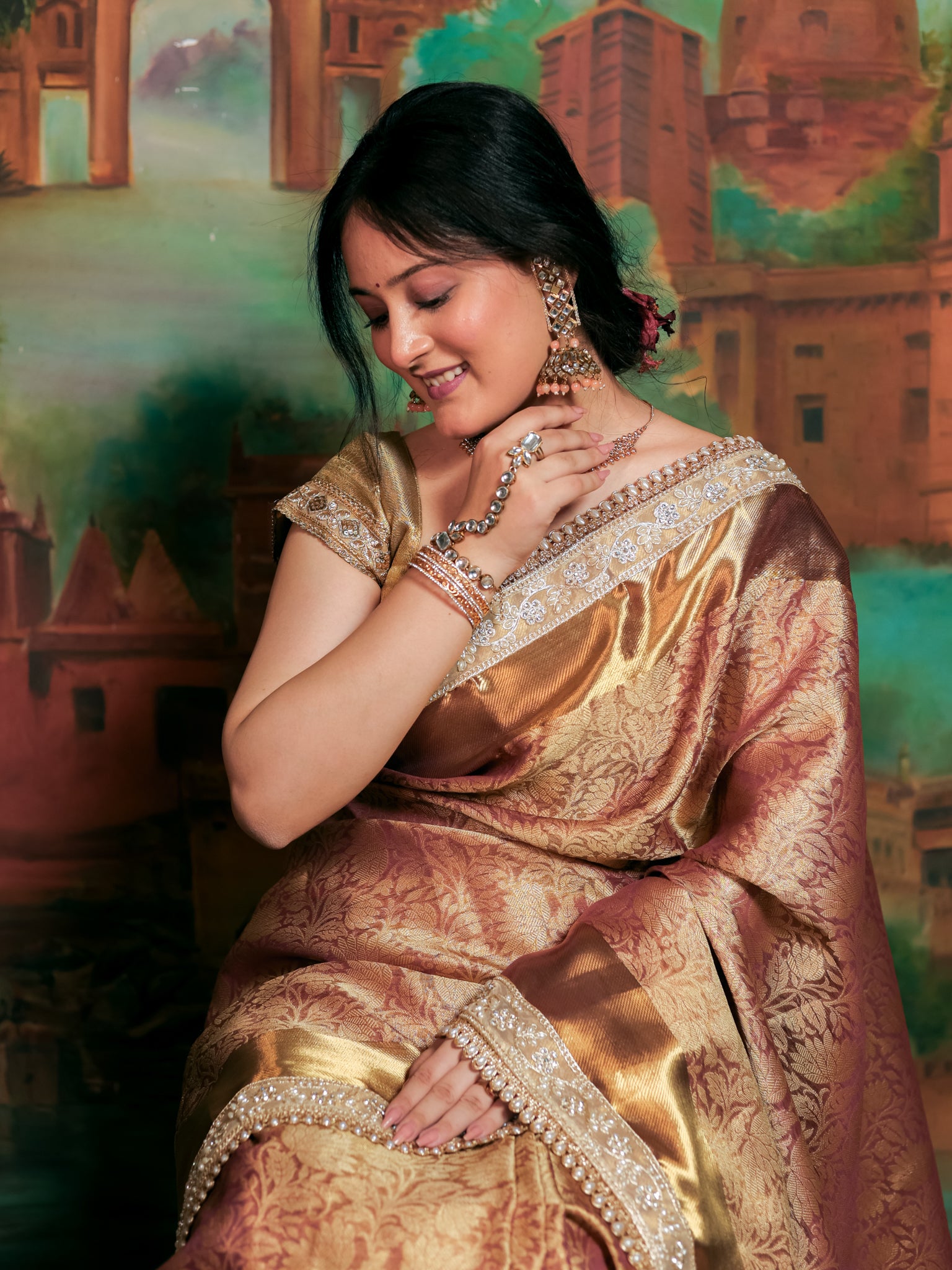 Banarasi Tissue Saree With Floral Zari Weaving & Lace Border - Peach