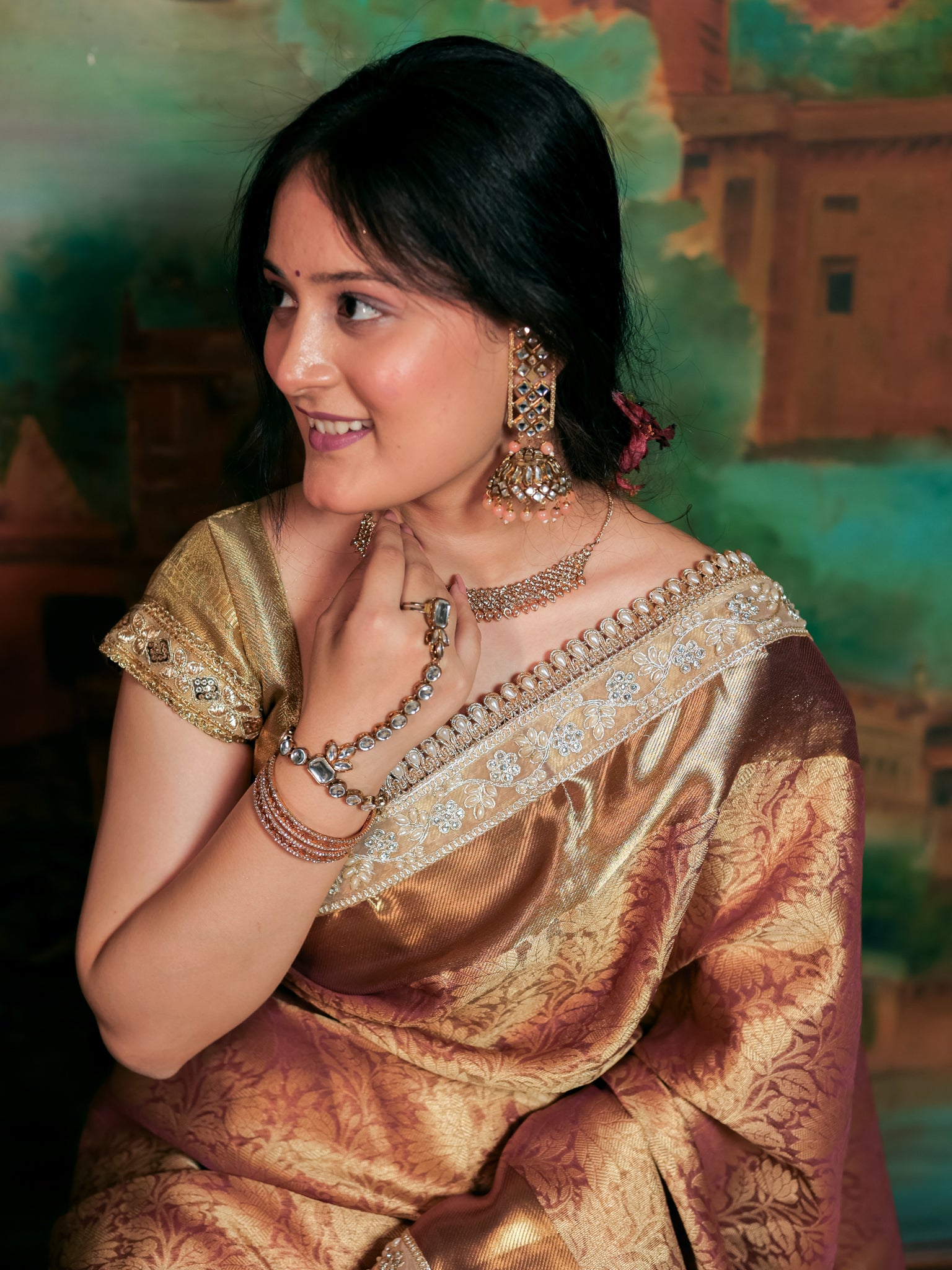 Banarasi Tissue Saree With Floral Zari Weaving & Lace Border - Peach