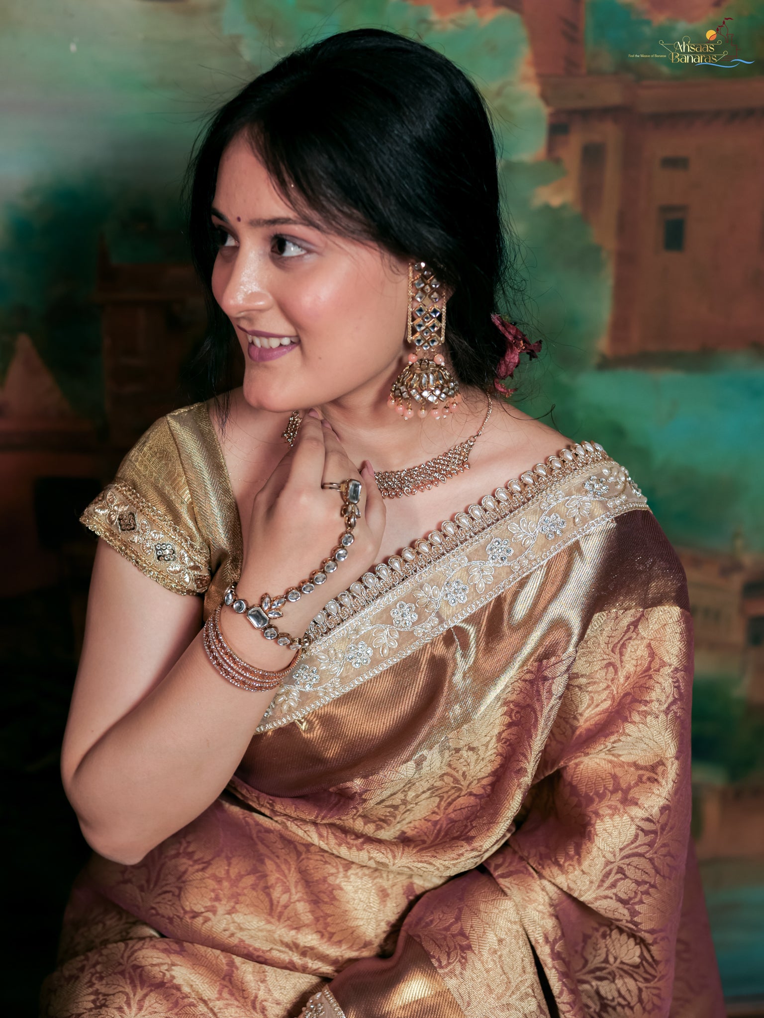 Banarasi Tissue Saree With Floral Zari Weaving & Lace Border - Peach