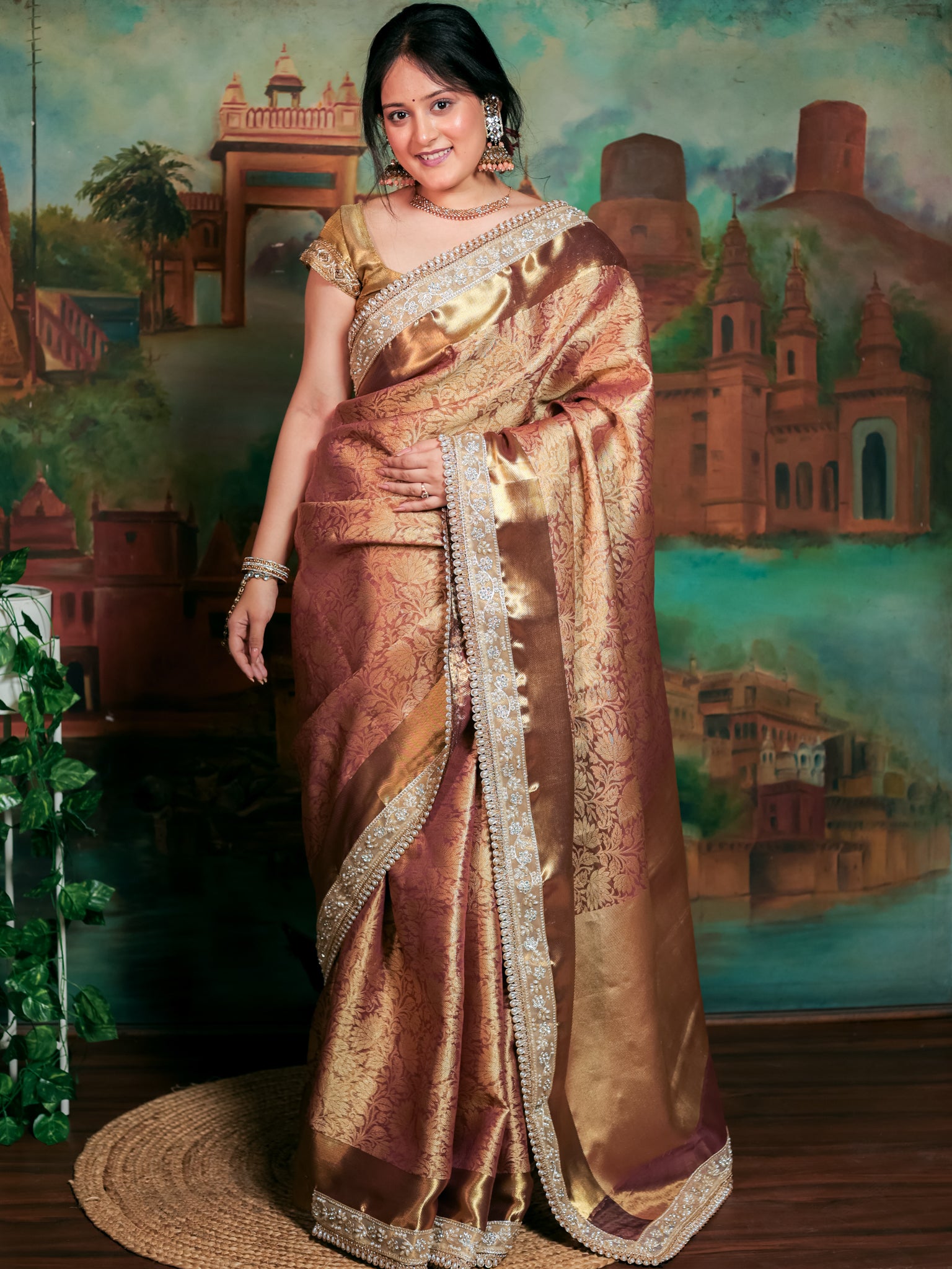 Banarasi Tissue Saree With Floral Zari Weaving & Lace Border - Peach