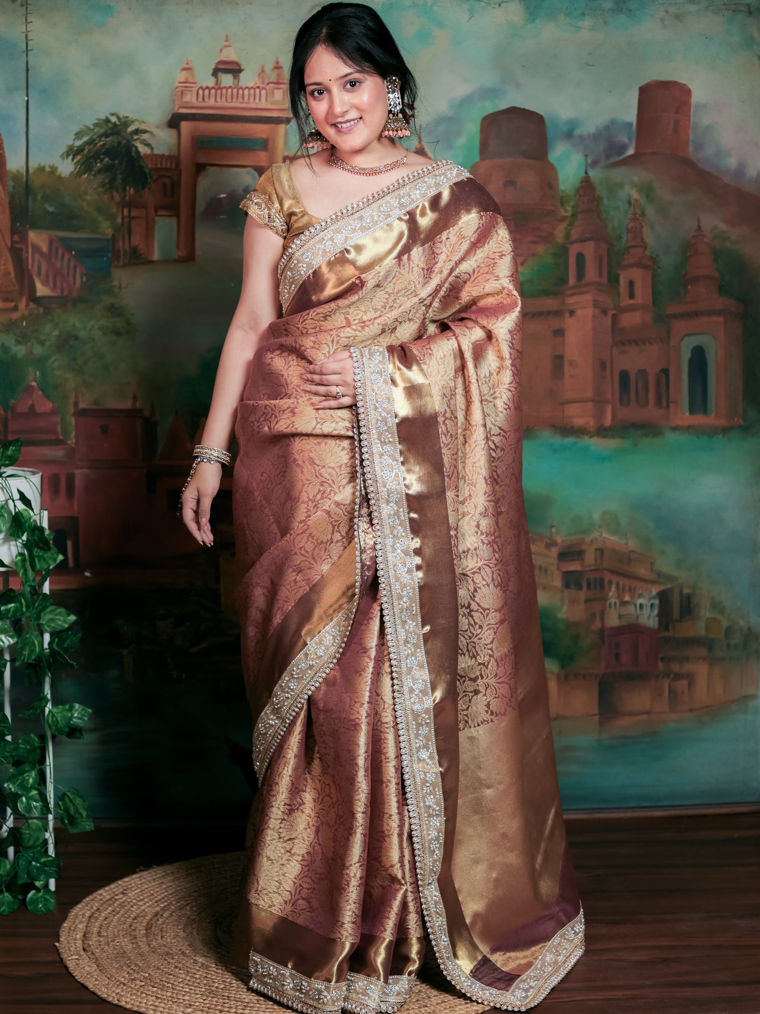 Banarasi Tissue Saree With Floral Zari Weaving & Lace Border - Peach