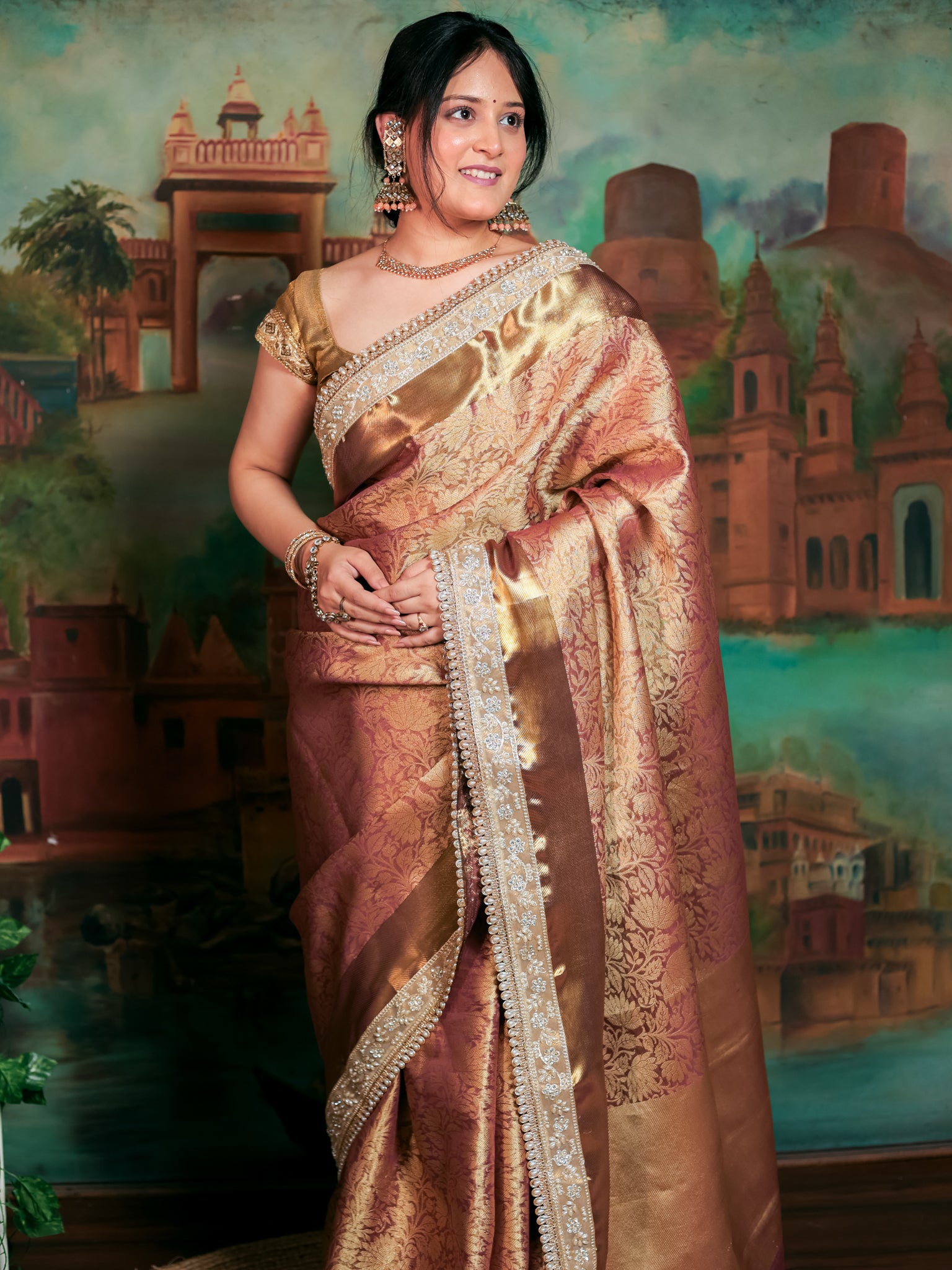 Banarasi Tissue Saree With Floral Zari Weaving & Lace Border - Peach