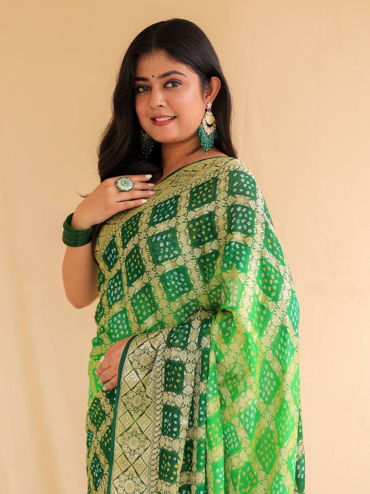 Green Pure Banarasi Georgette Bandhej Saree with Zari Jaal Weaving