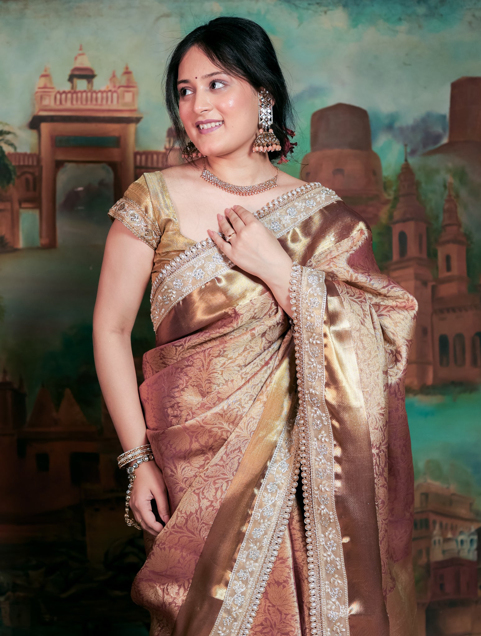 Banarasi Tissue Saree With Floral Zari Weaving & Lace Border - Peach