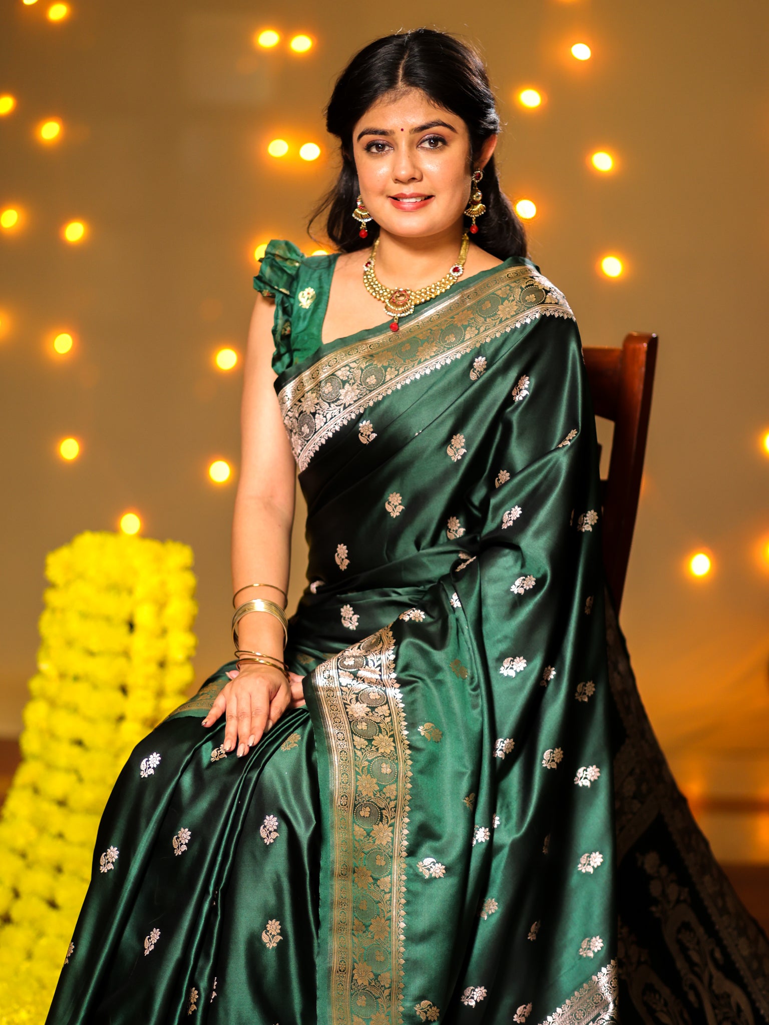 Banarasi Mashru Silk Saree With Buti & Border- Green