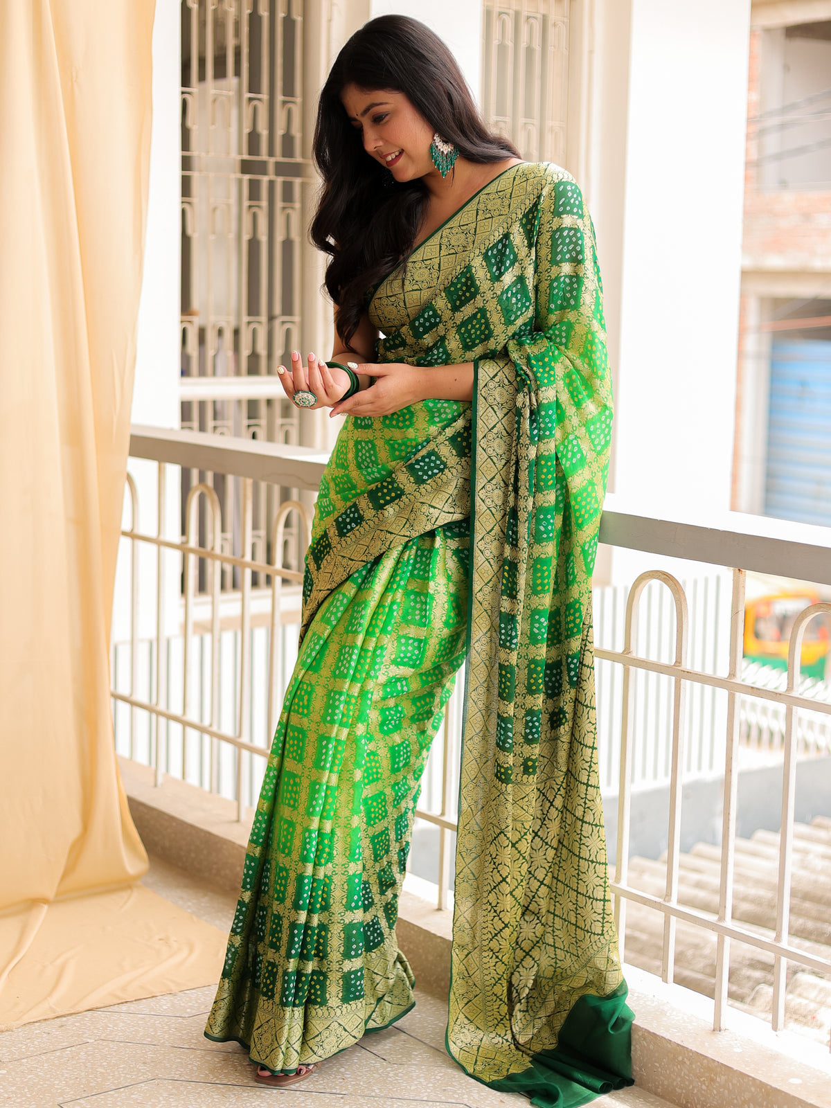 Green Pure Banarasi Georgette Bandhej Saree with Zari Jaal Weaving