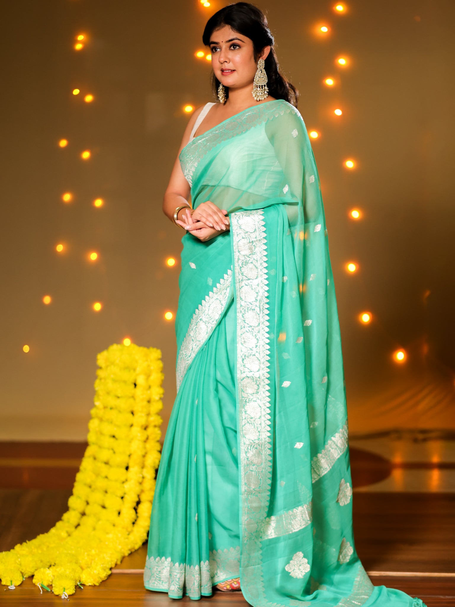 Banarasi Pure Khaddi Georgette Saree With Buti Weaving- Aqua Blue