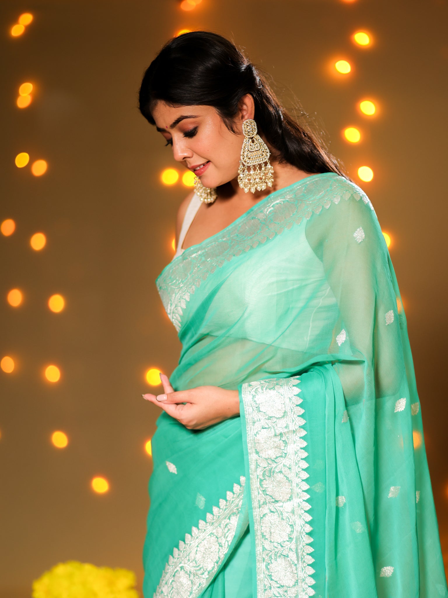 Banarasi Pure Khaddi Georgette Saree With Buti Weaving- Aqua Blue