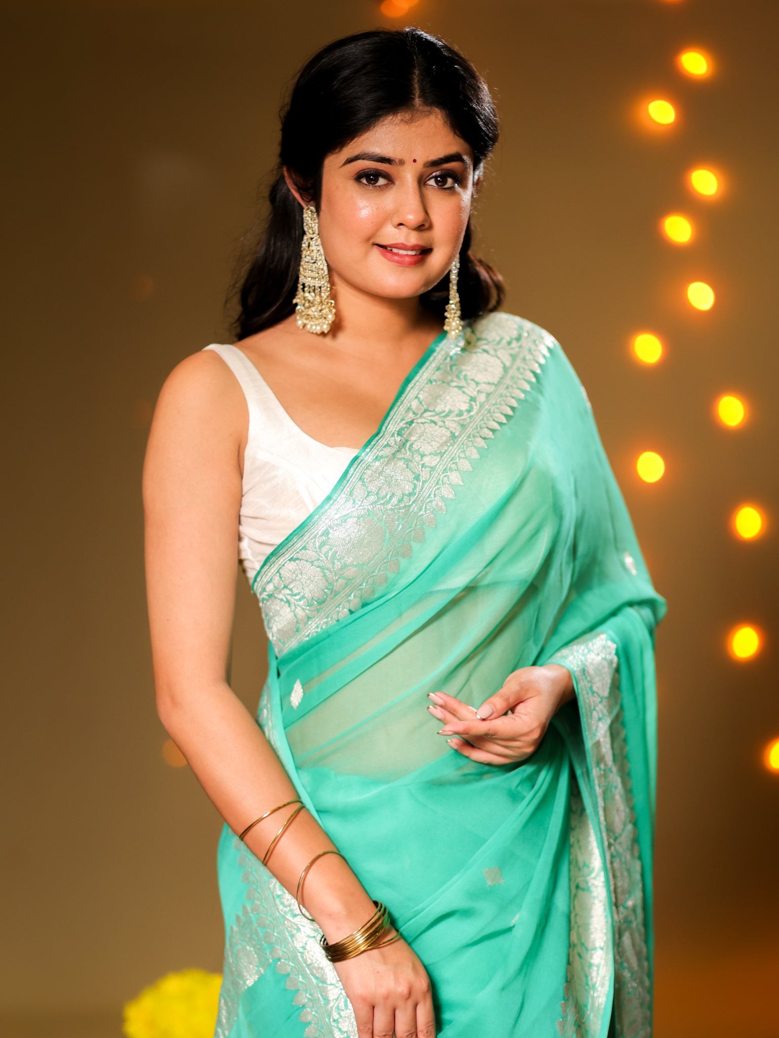 Banarasi Pure Khaddi Georgette Saree With Buti Weaving- Aqua Blue