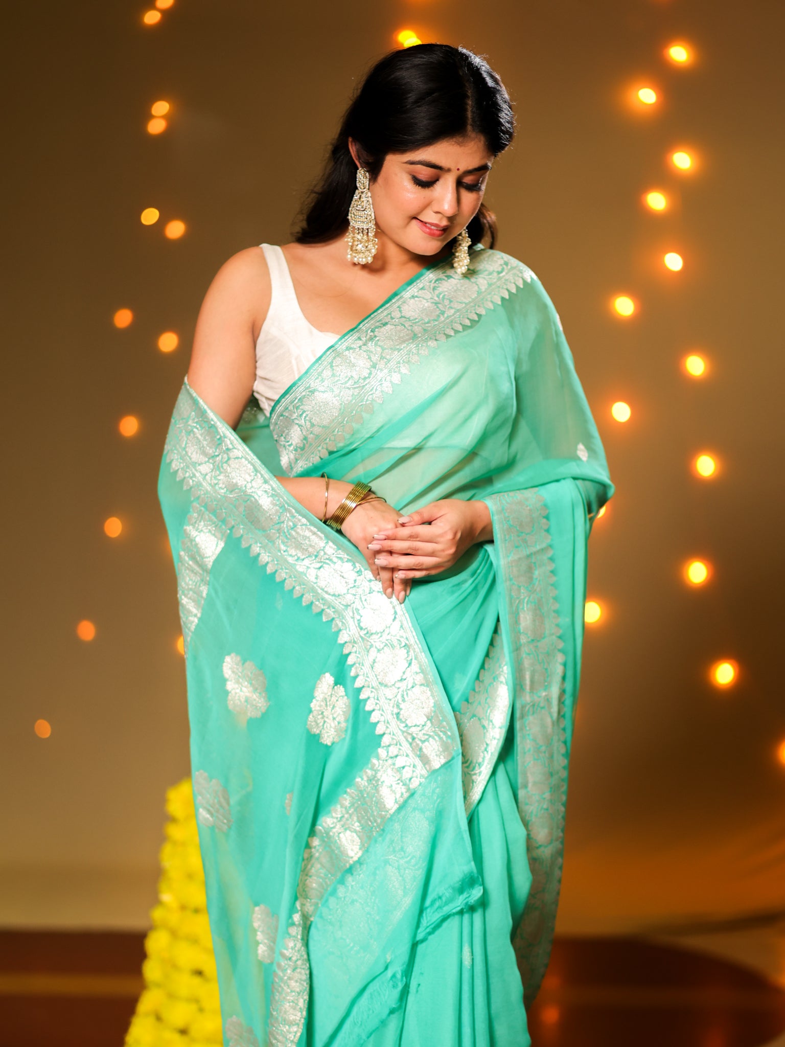 Banarasi Pure Khaddi Georgette Saree With Buti Weaving- Aqua Blue